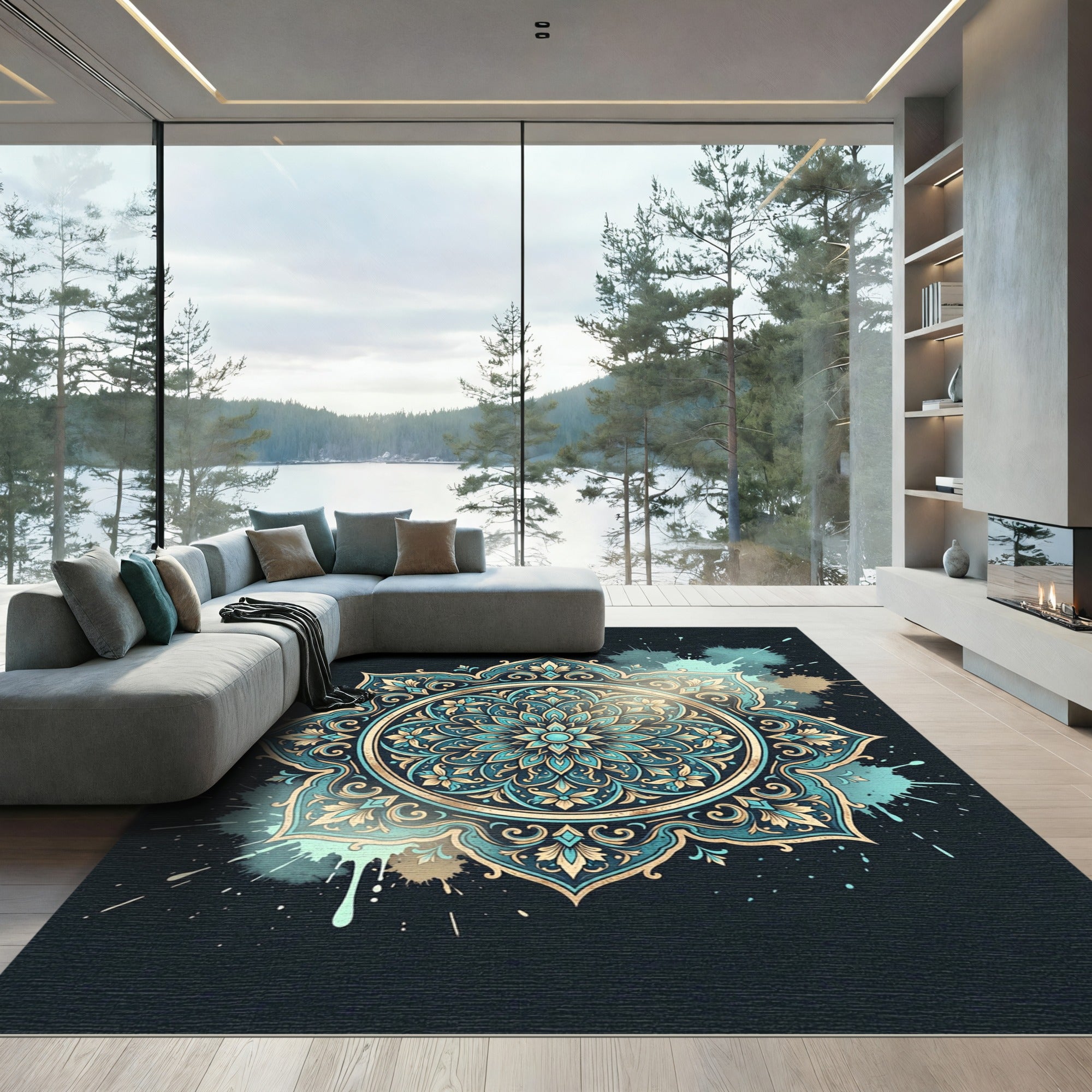 Teal Gold Ornate Medallion Art Rug
