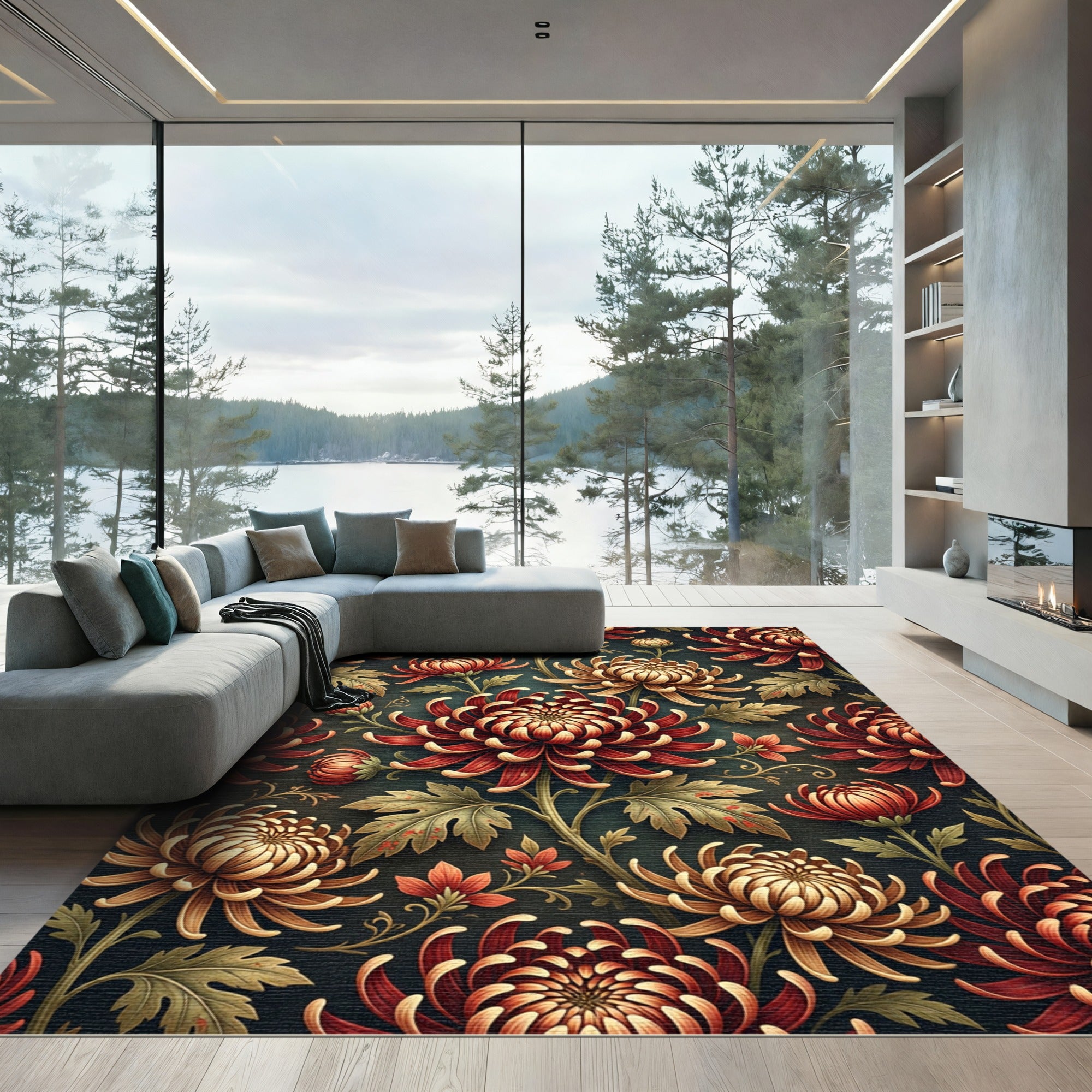 Crimson Gold Chrysanthemum Botanical Garden Rug
