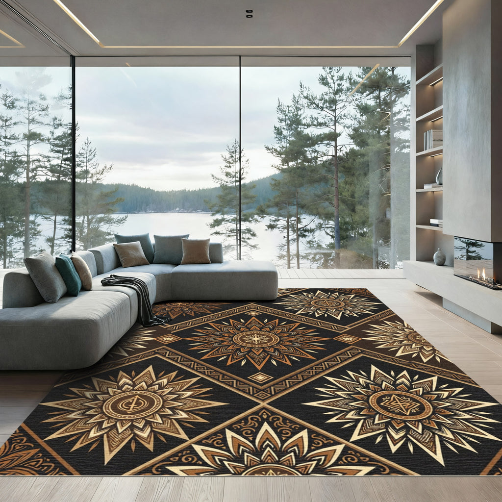 Golden Brown Sunburst Quatrefoil Diamond Rug