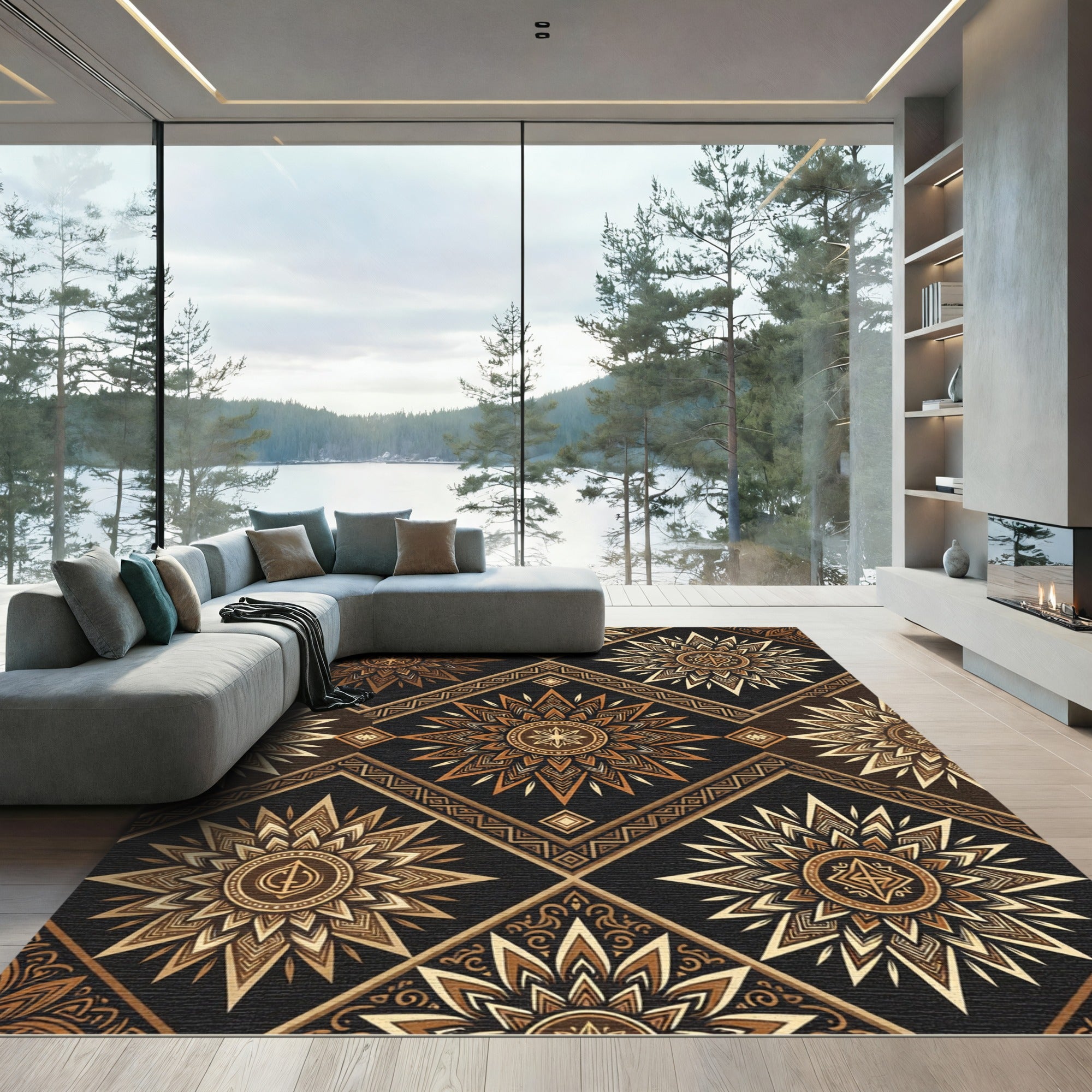Golden Brown Sunburst Quatrefoil Diamond Rug