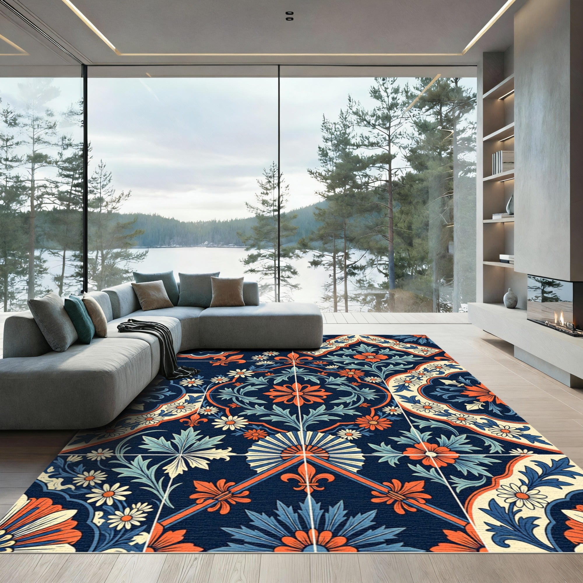 Navy Blue Orange Floral Fleuron Lattice Rug