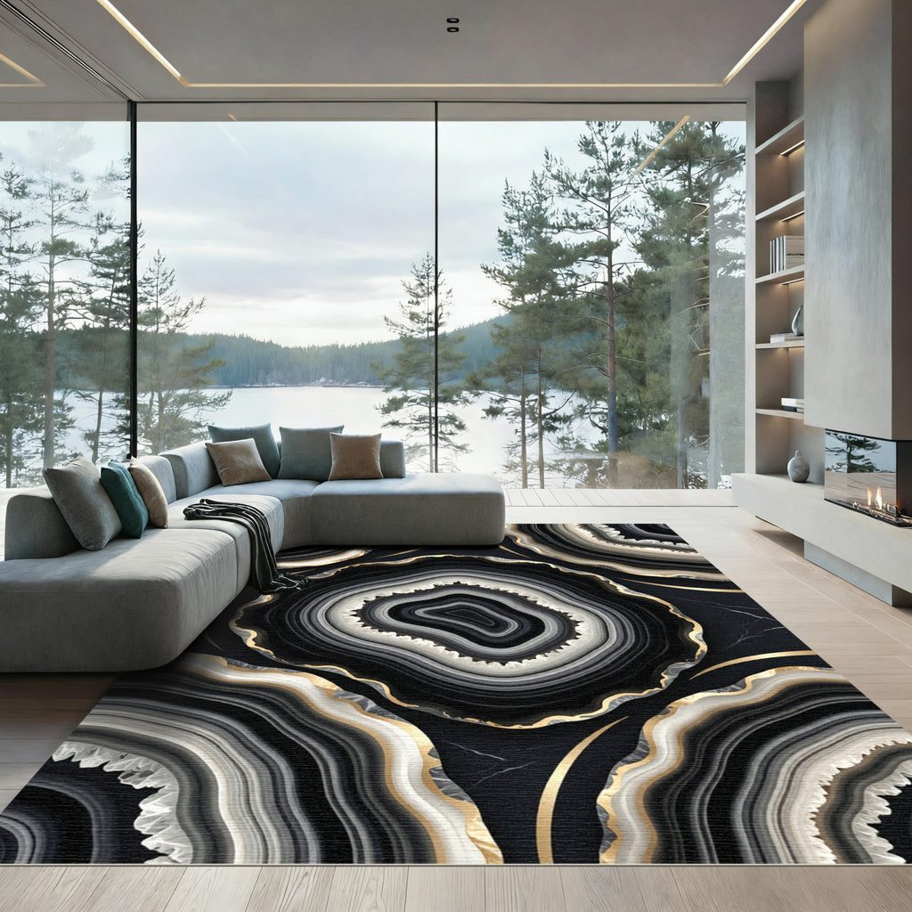 Black White Gold Agate Slices Rug