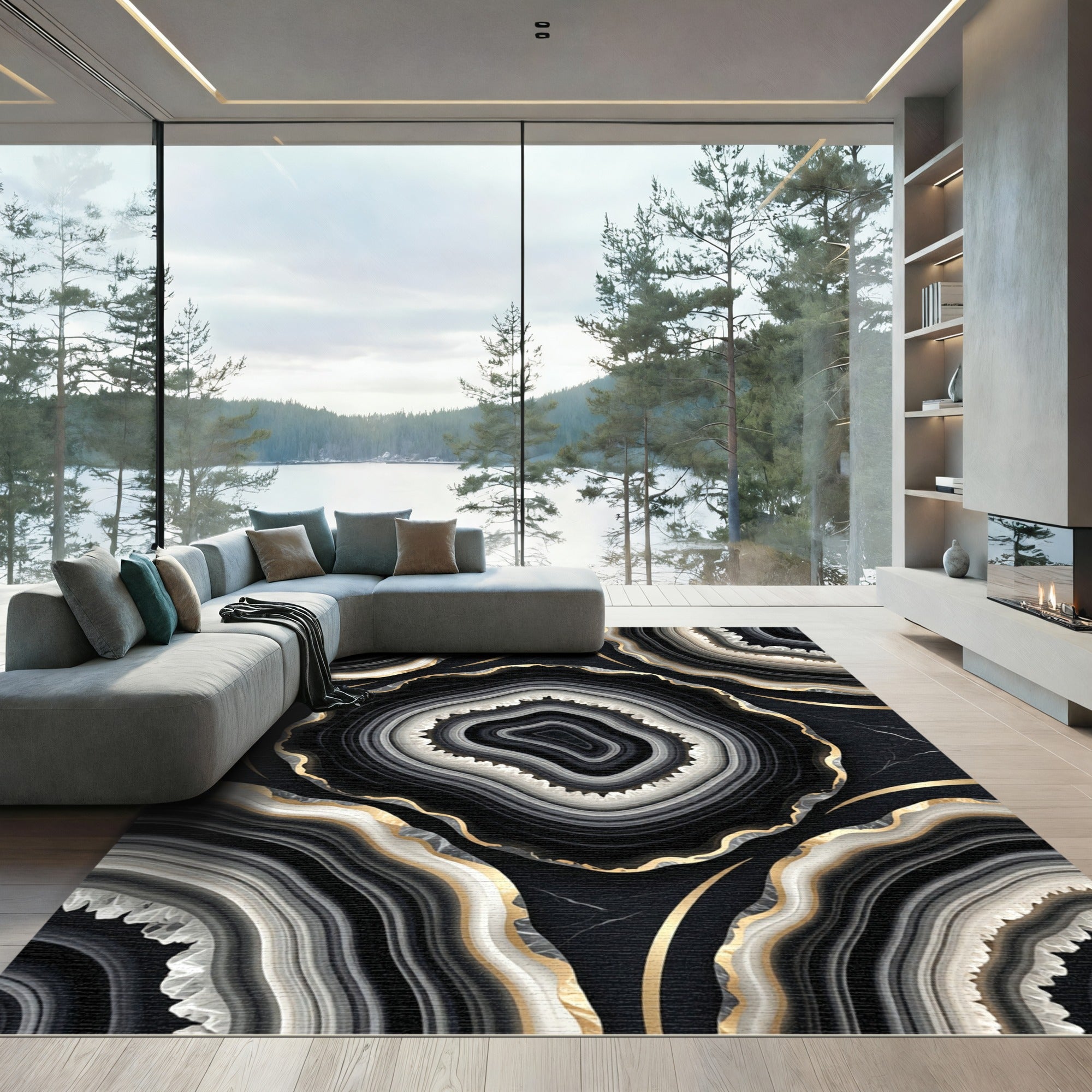 Black White Gold Agate Slices Rug