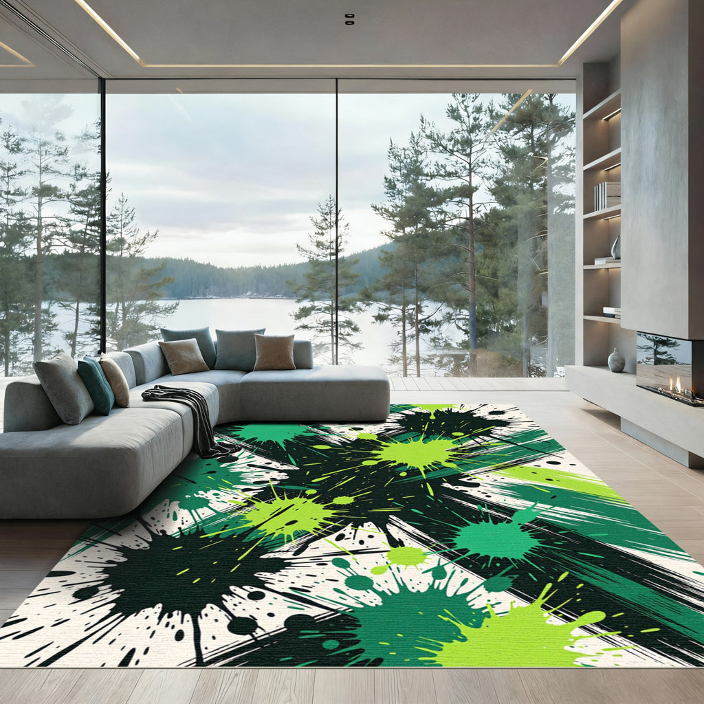Vibrant Green Splatter Abstract Art Rug