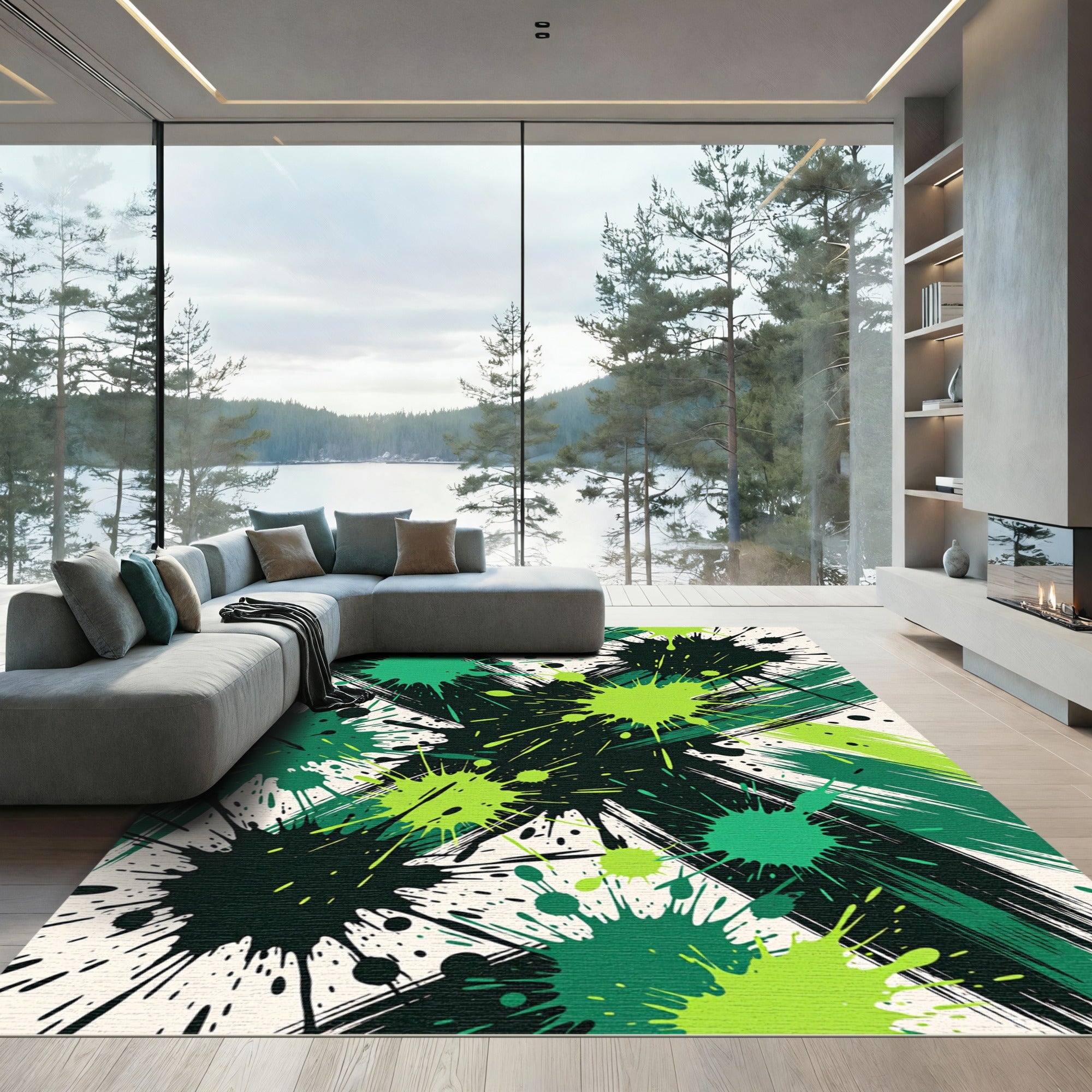 Vibrant Green Splatter Abstract Art Rug