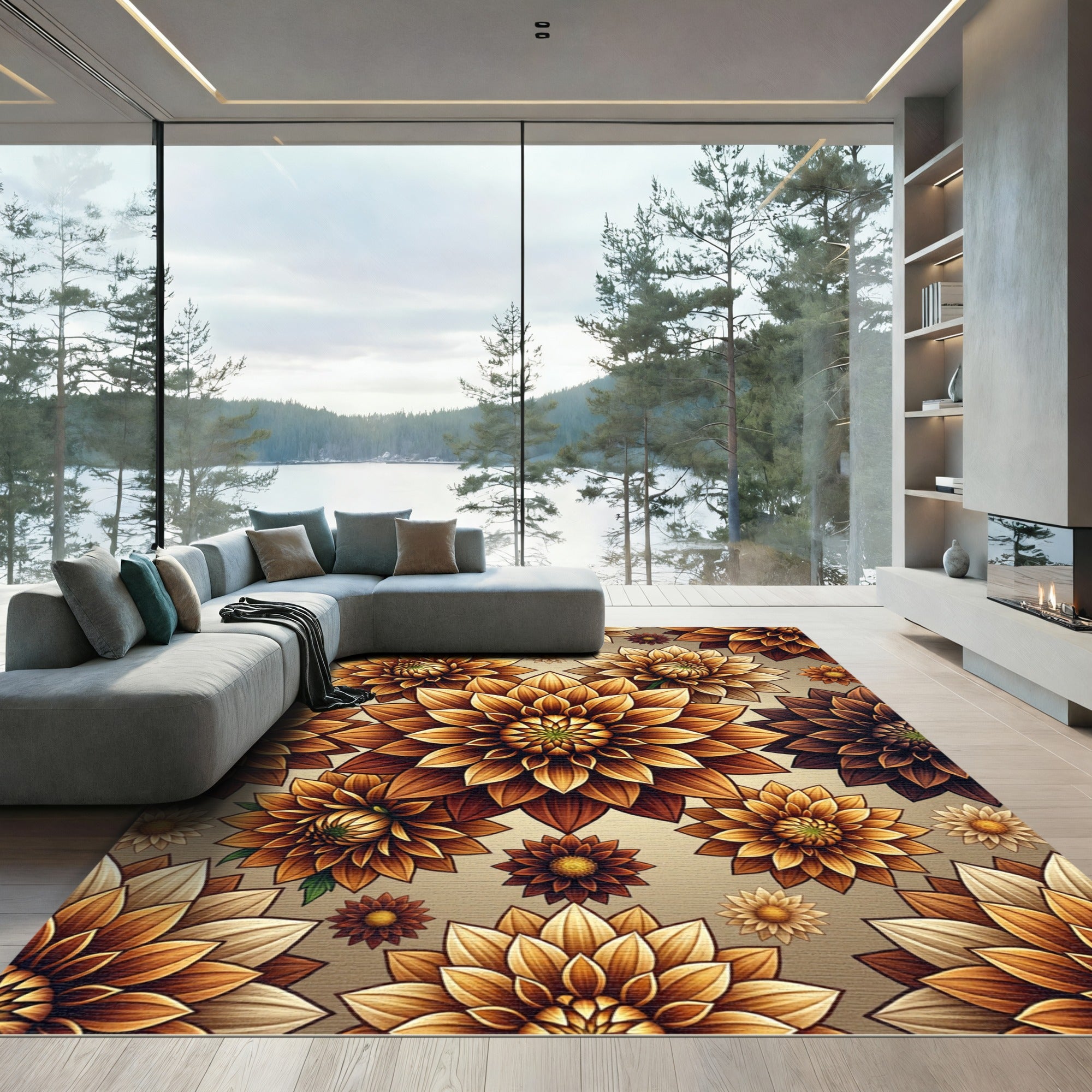 Golden Dahlia Floral Botanical Tapestry Rug