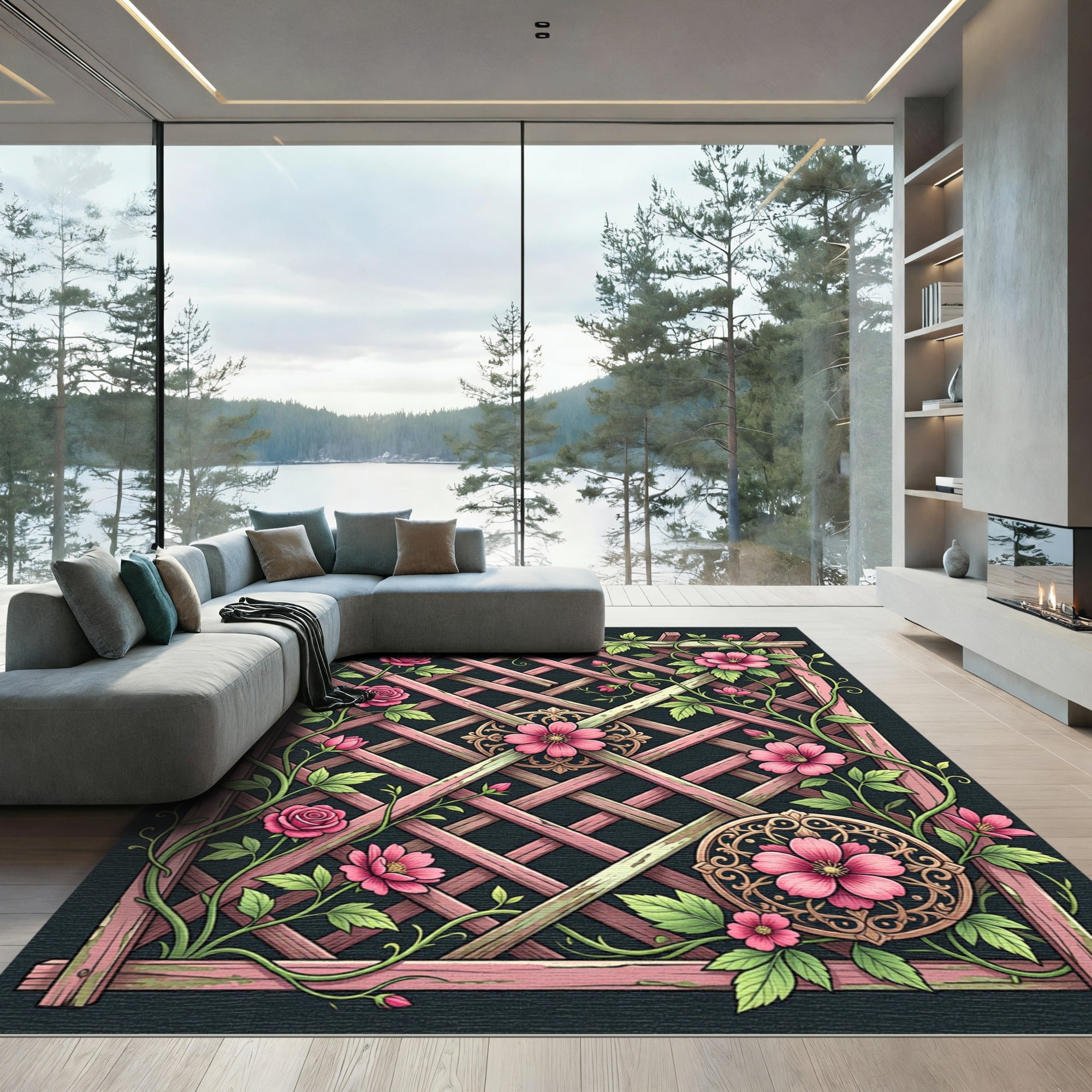 Pink Floral Trellis Medallion Rug