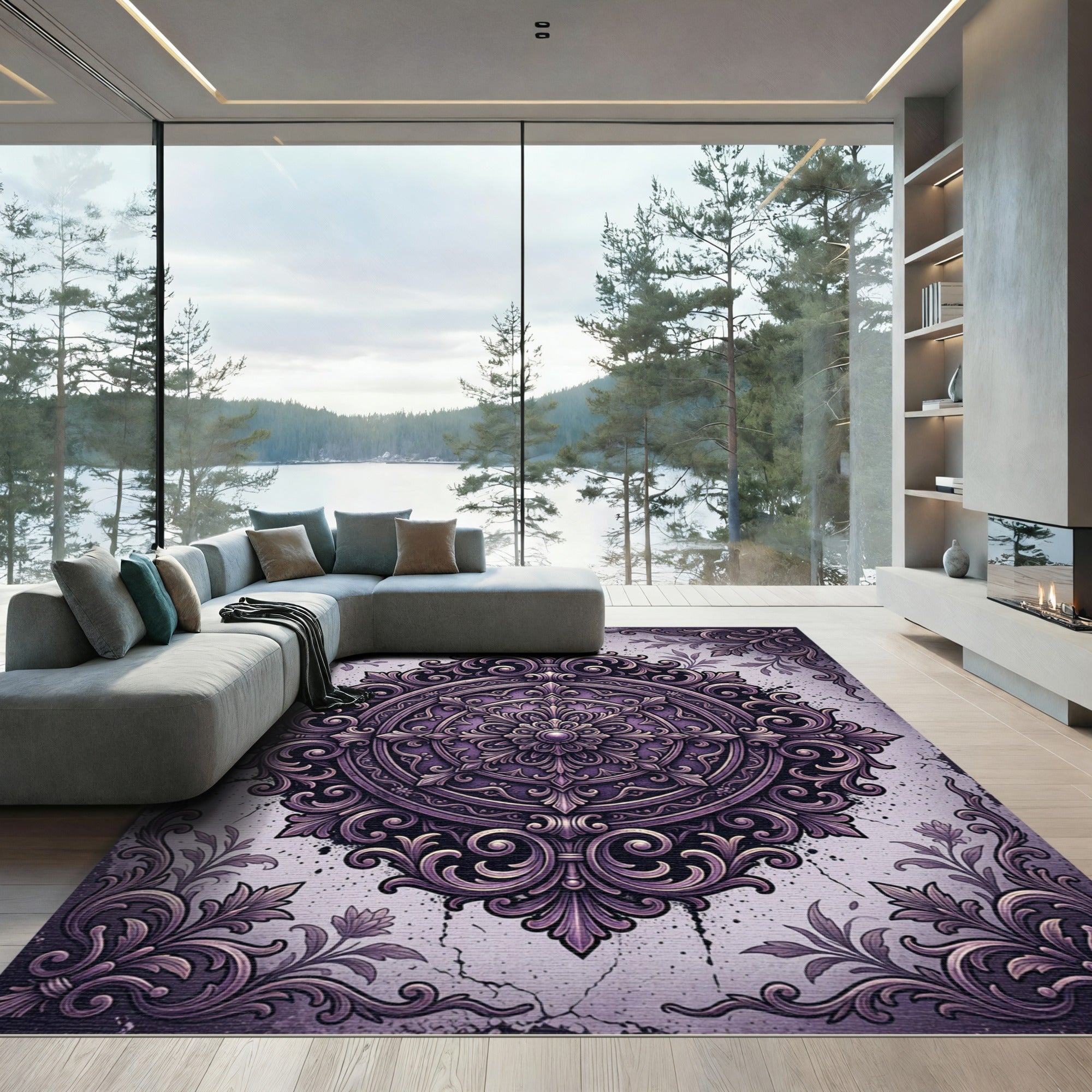 Ornate Purple Filigree Mandala Rug