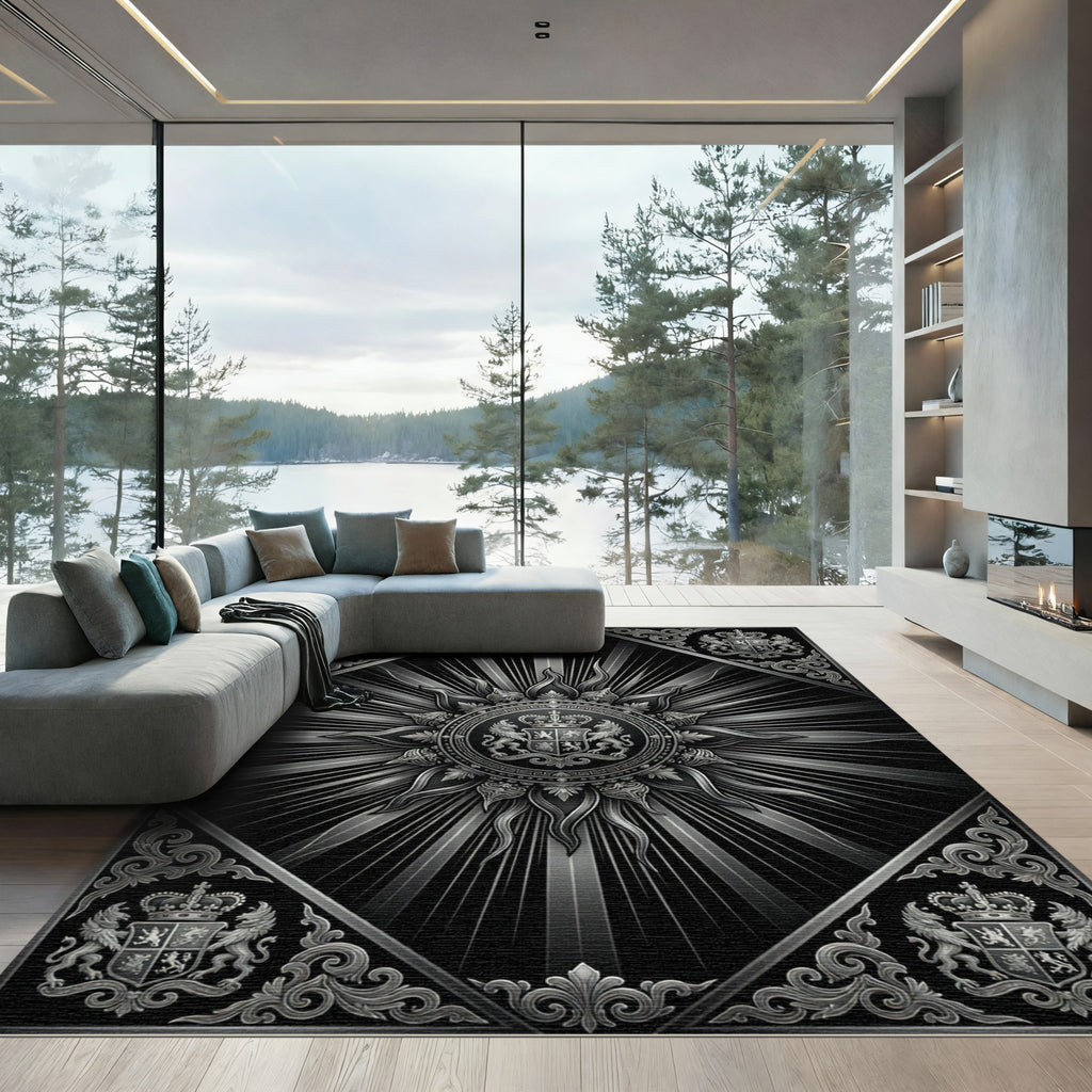 Monochromatic Sunburst Crest Mandala Rug