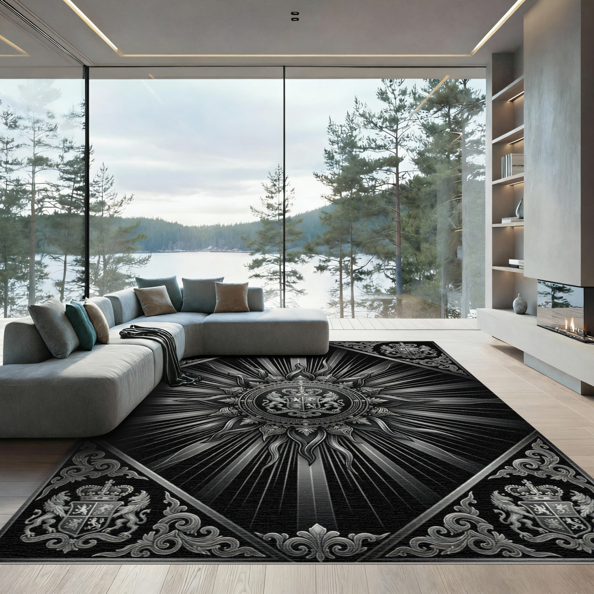 Monochromatic Sunburst Crest Mandala Rug