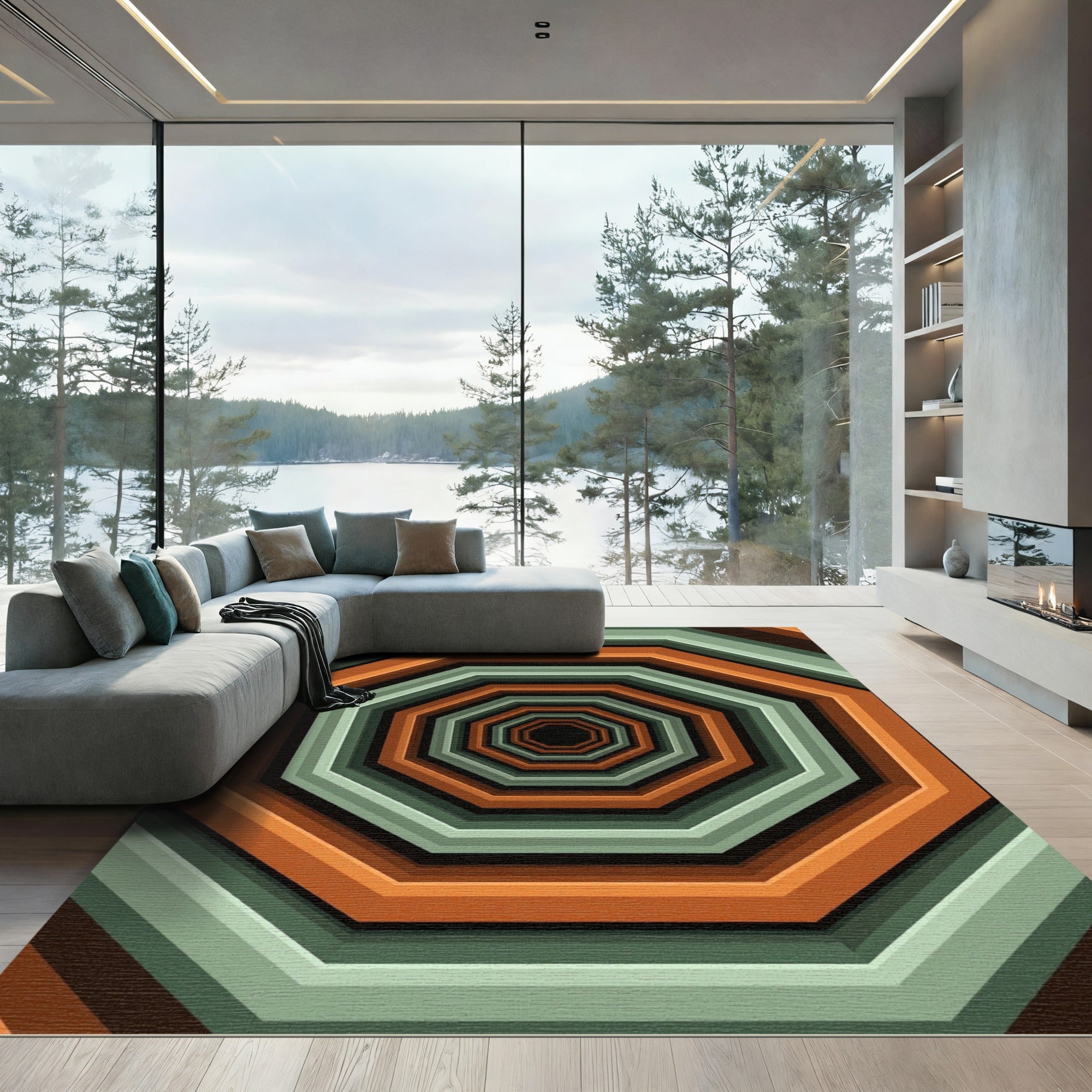 Geometric Sage and Copper Octagon Tunnel Rug