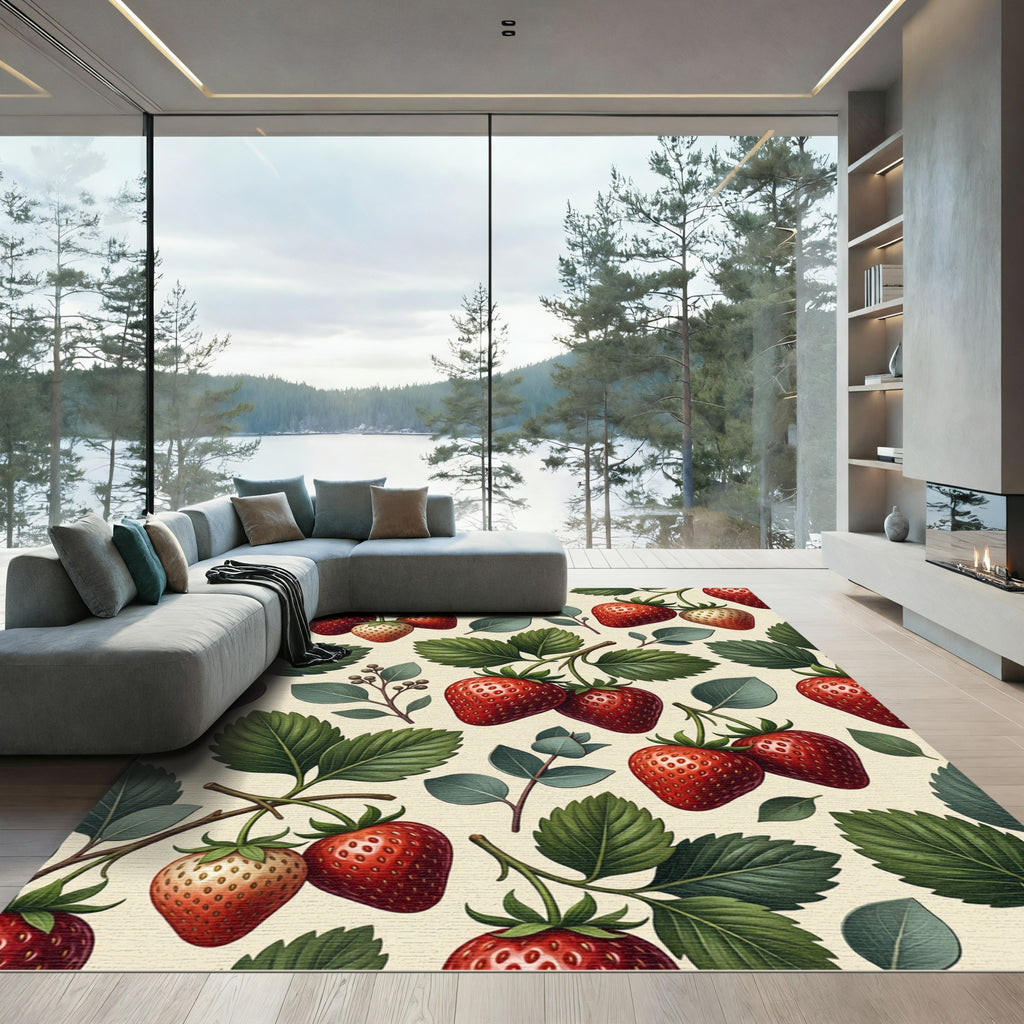 Botanical Strawberry Cream Foliage Illustration Rug