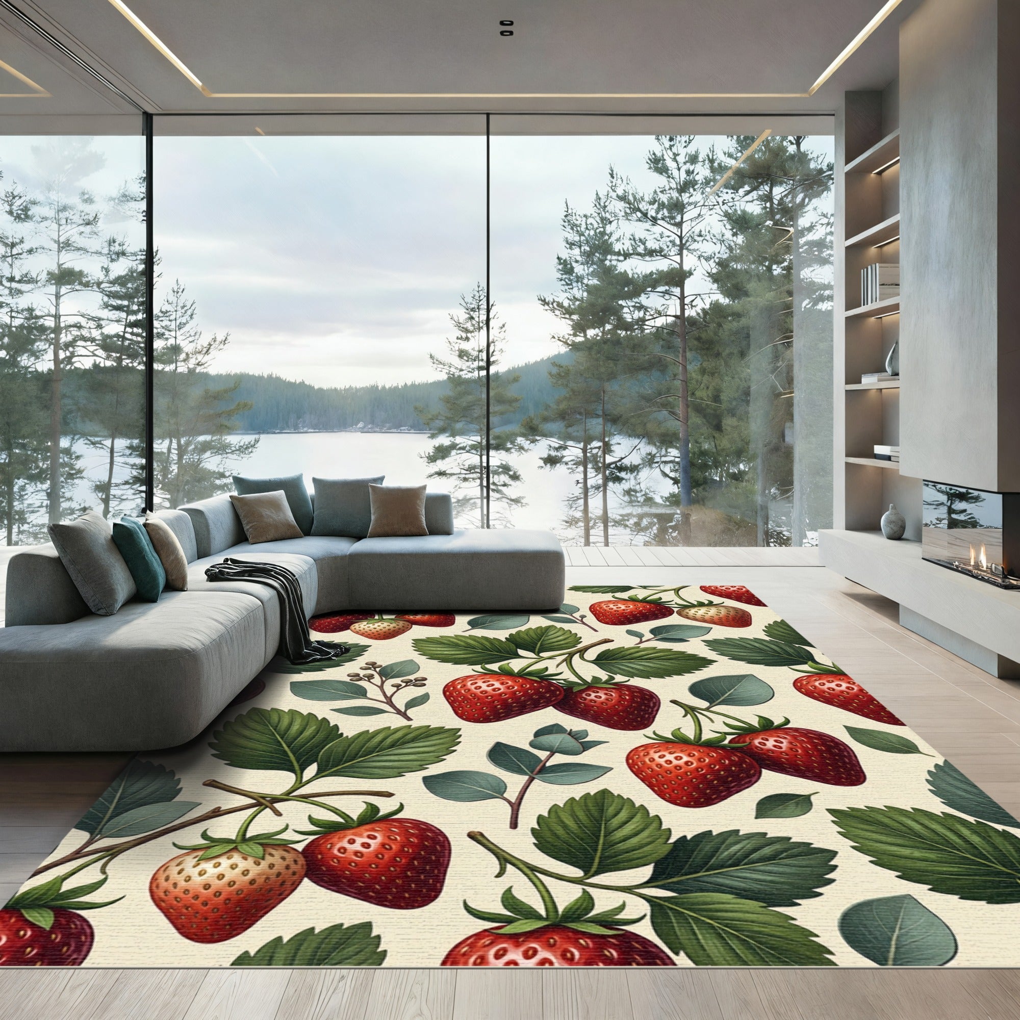 Botanical Strawberry Cream Foliage Illustration Rug
