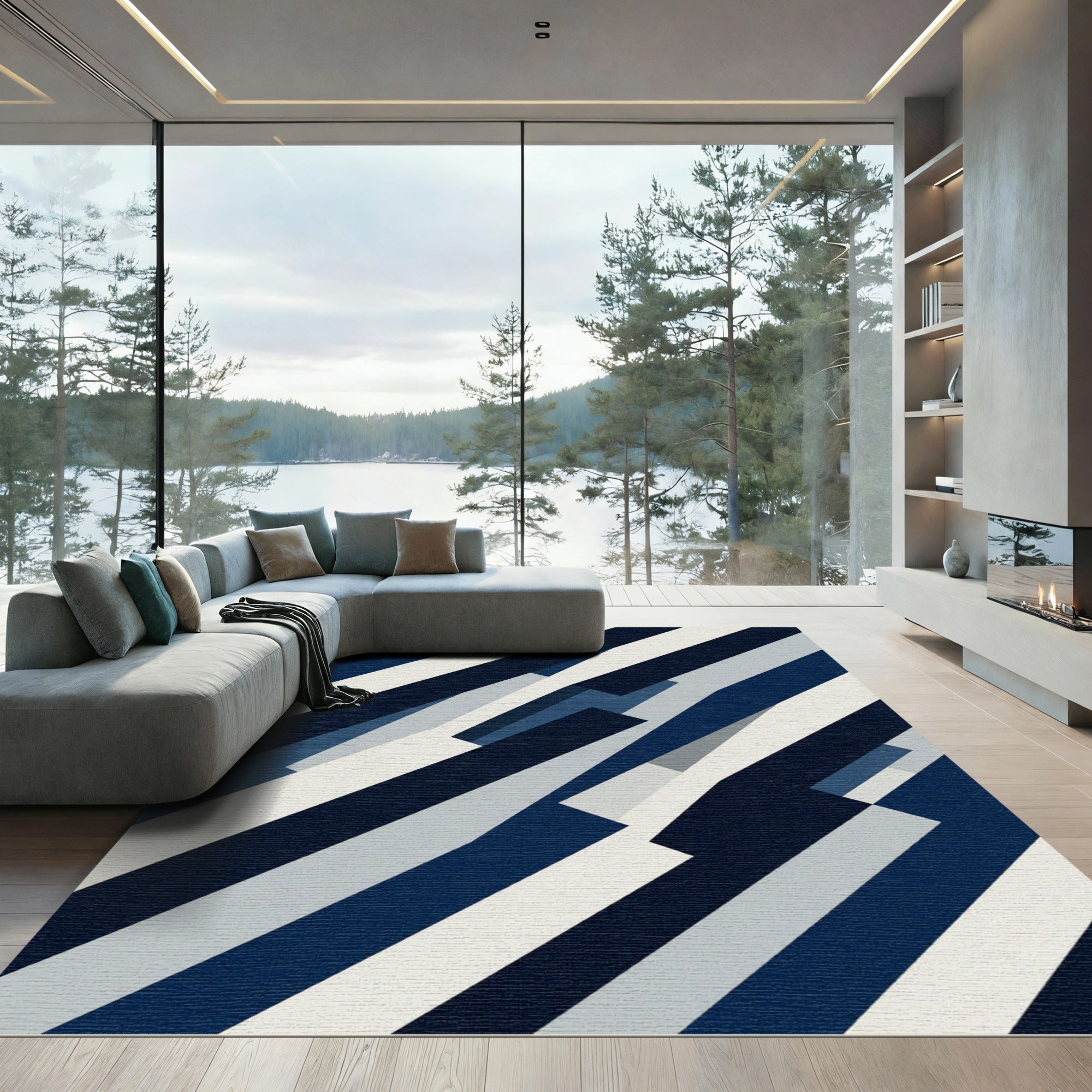 Modern Abstract Navy Slate Geometric Stripe Rug