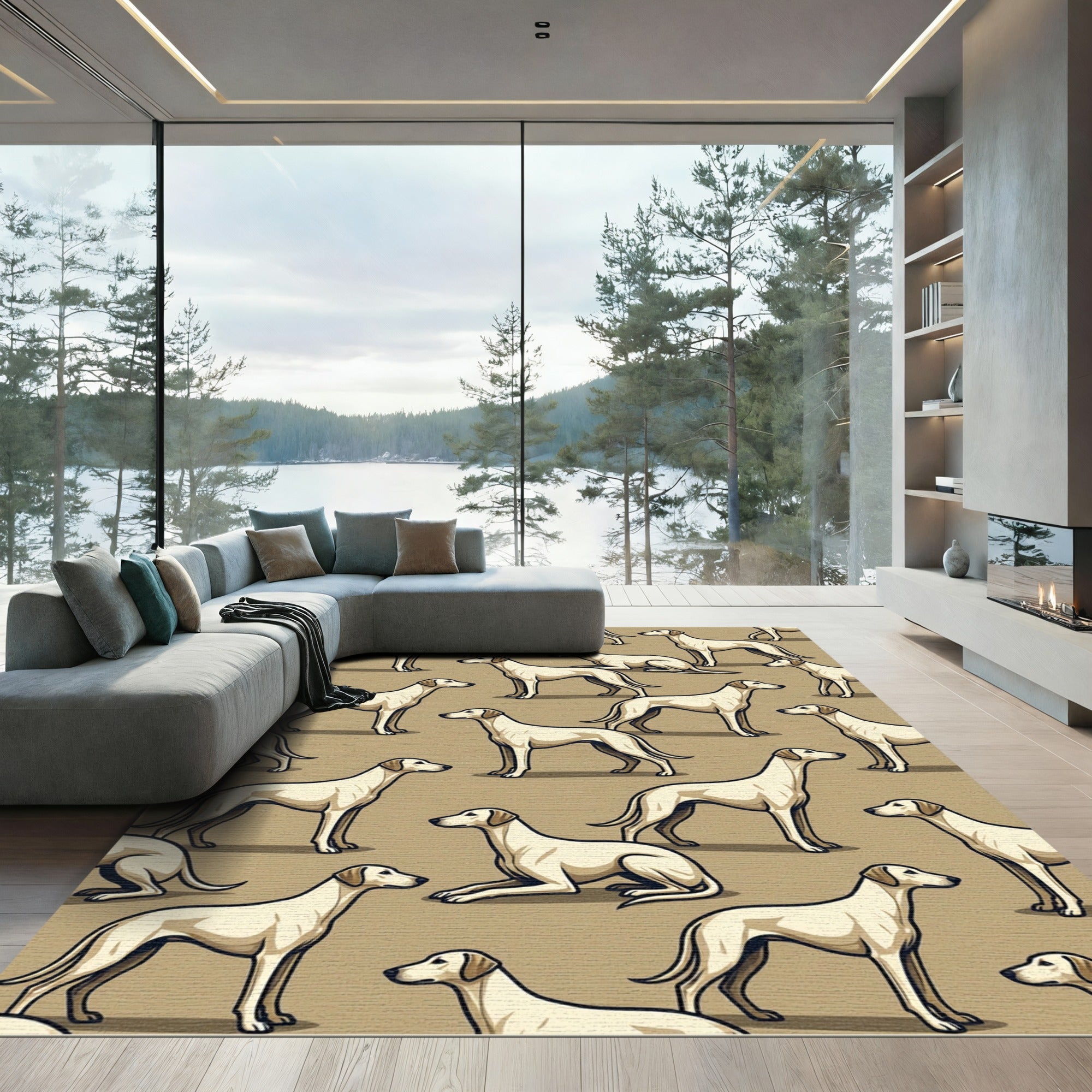 Minimalist Beige Greyhound Silhouette Art Rug