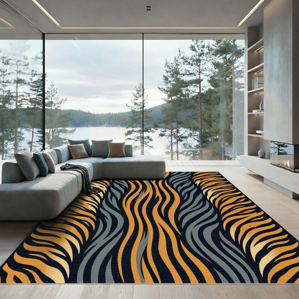 Golden Amber Charcoal Wavy Striped Art Rug