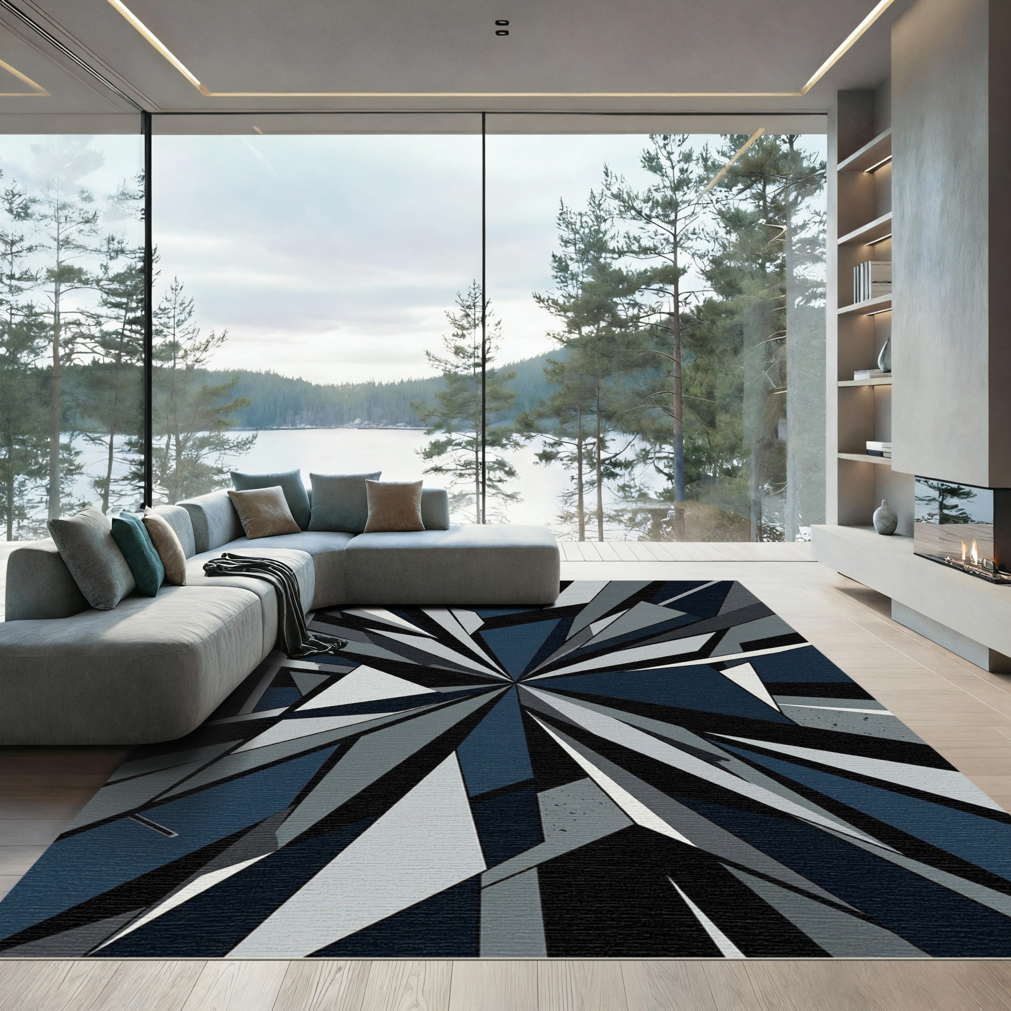 Deep Blue Geometric Burst Rug