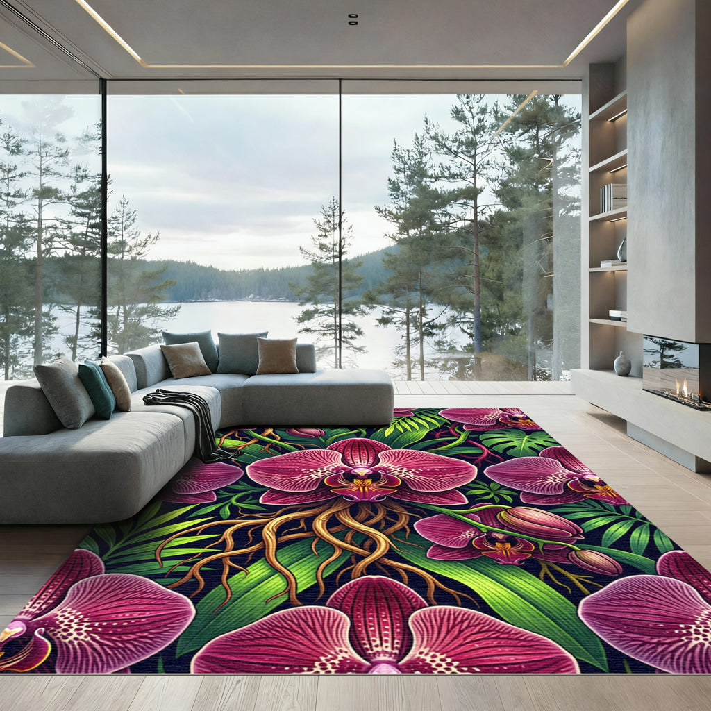 Vibrant Magenta Orchid Tropical Foliage Rug