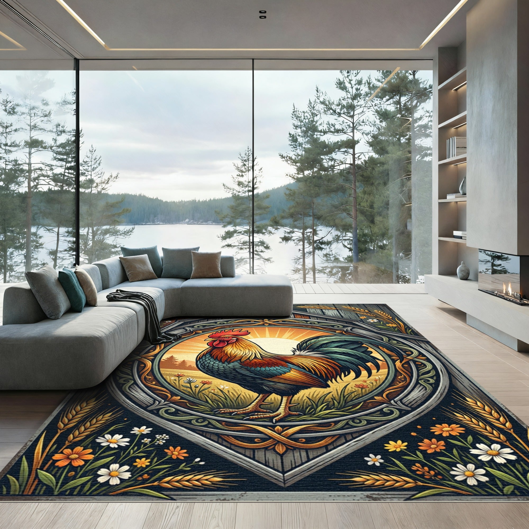 Rustic Golden Rooster Farmhouse Art Rug