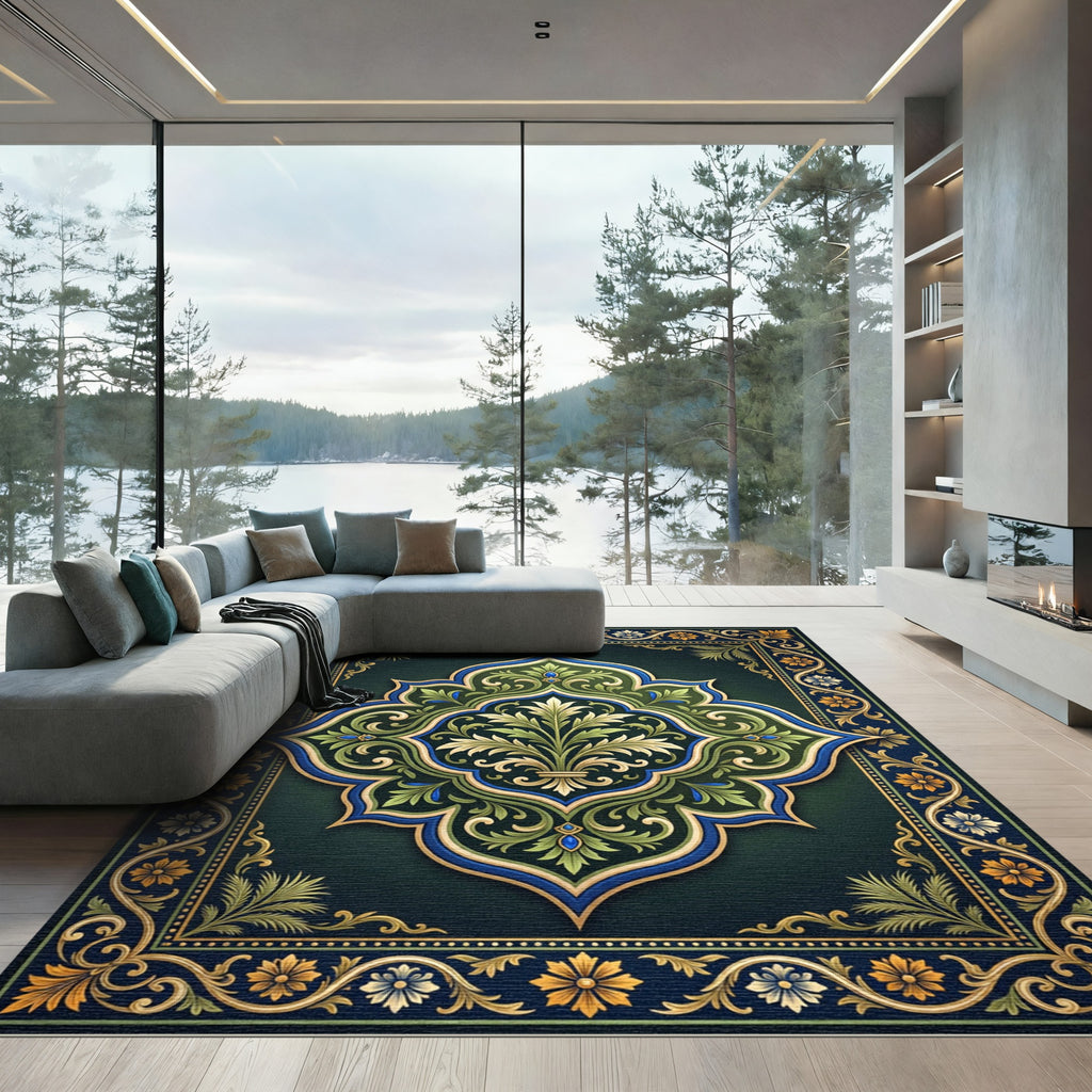 Elegant Emerald Floral Medallion Ornate Decor Rug