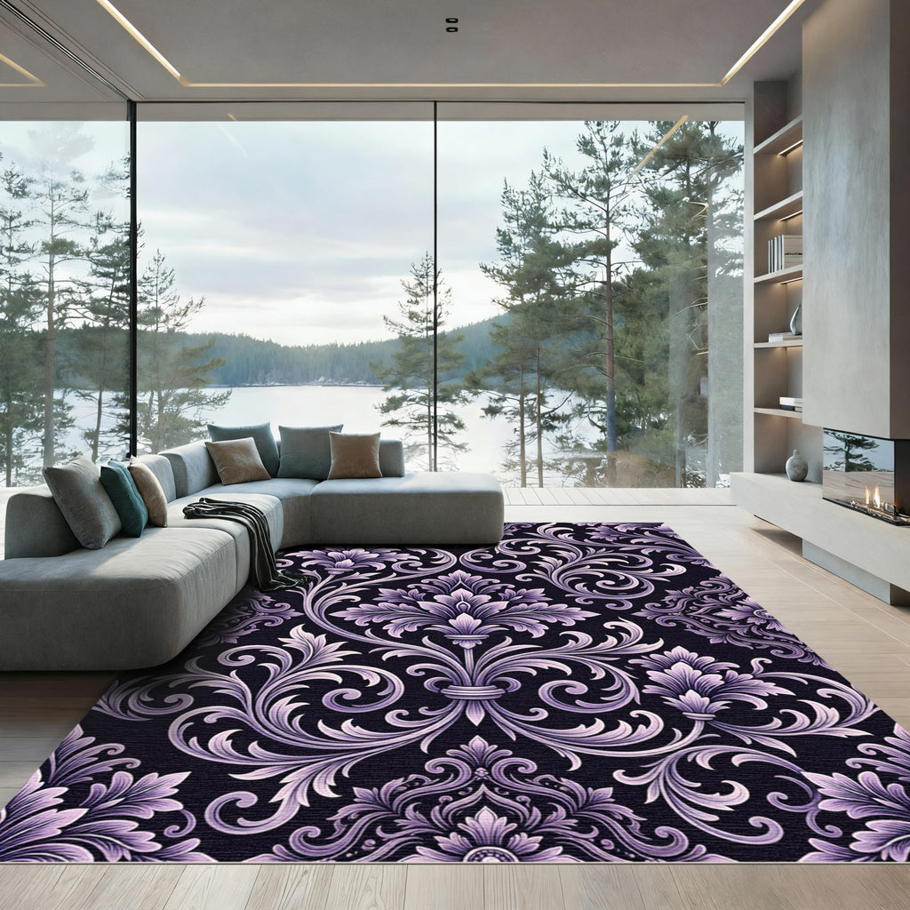 Ornate Lilac Floral Damask Rug