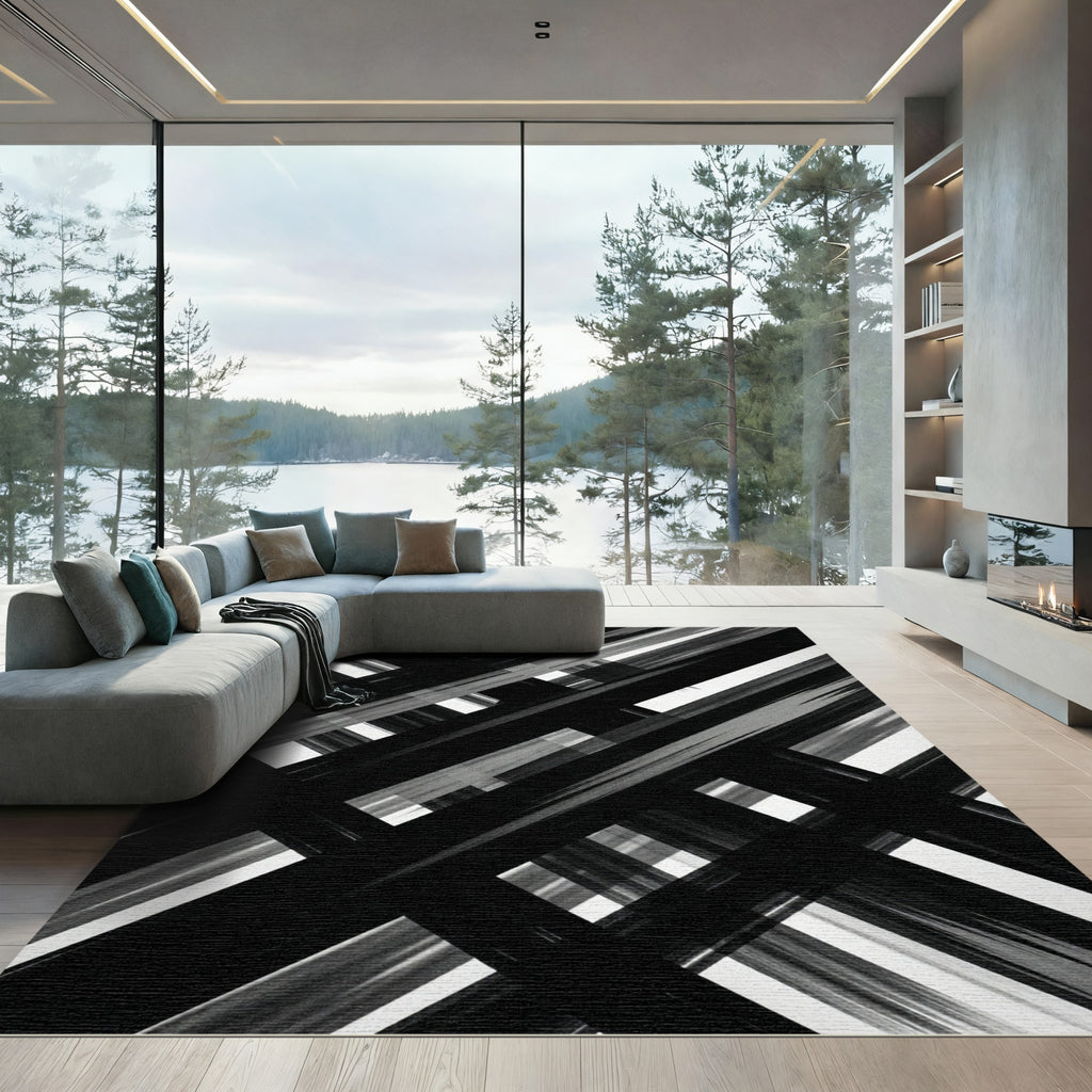 Black White Intersecting Stripe Lines Rug