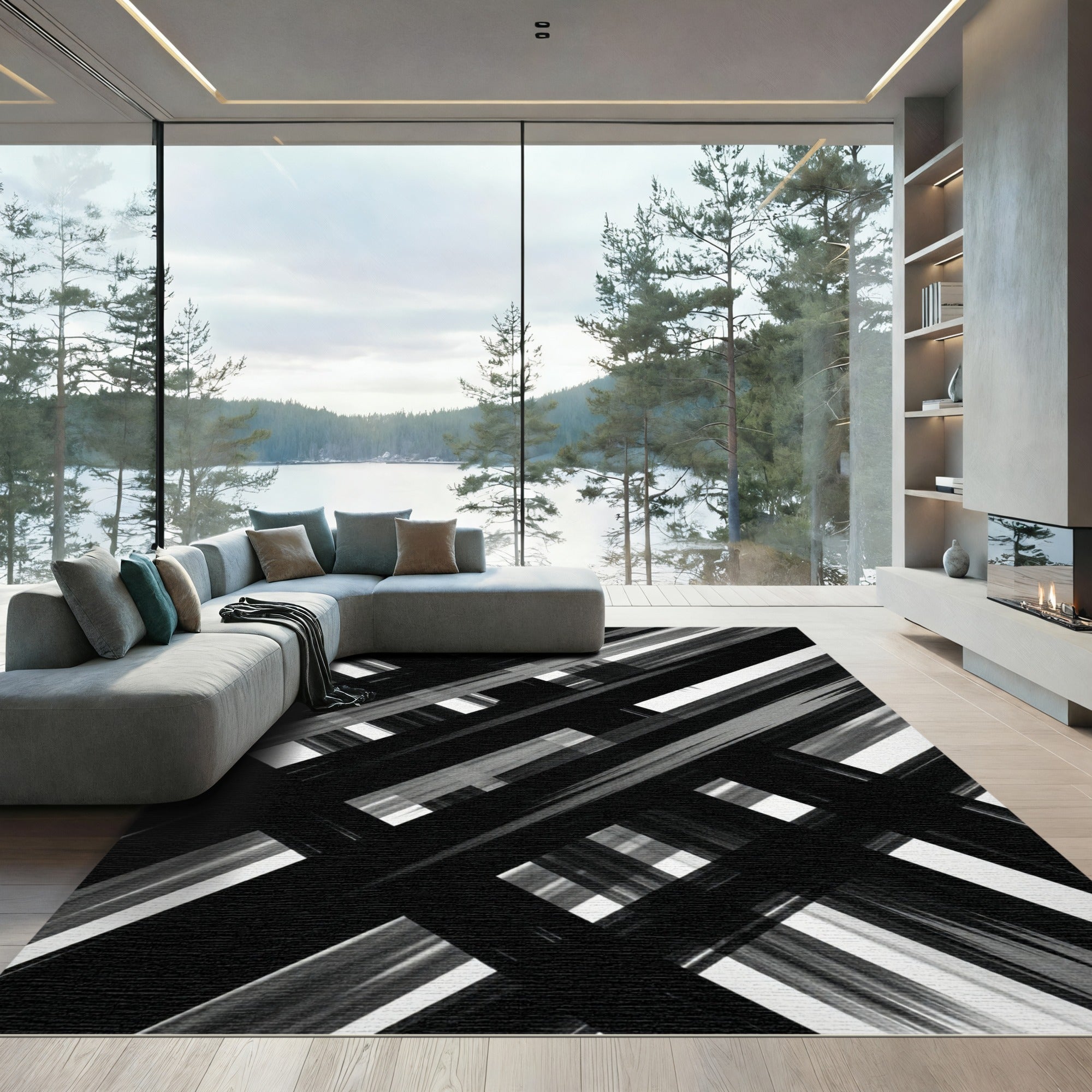 Black White Intersecting Stripe Lines Rug