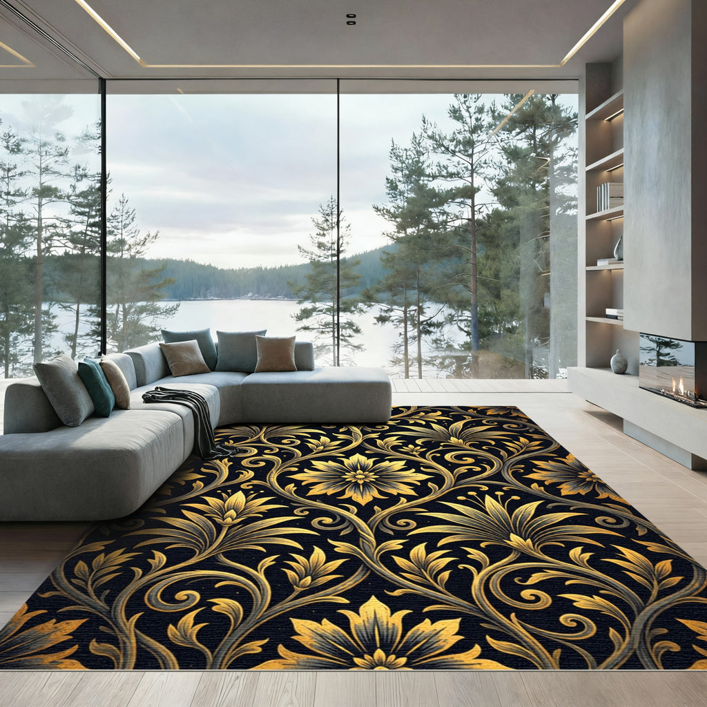 Vintage Golden Floral Scrollwork Rug
