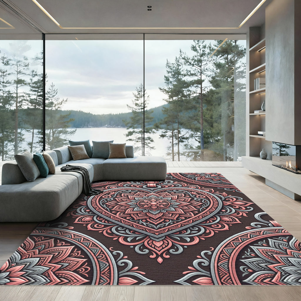 Floral Heart Medallion Blush Gray Rug
