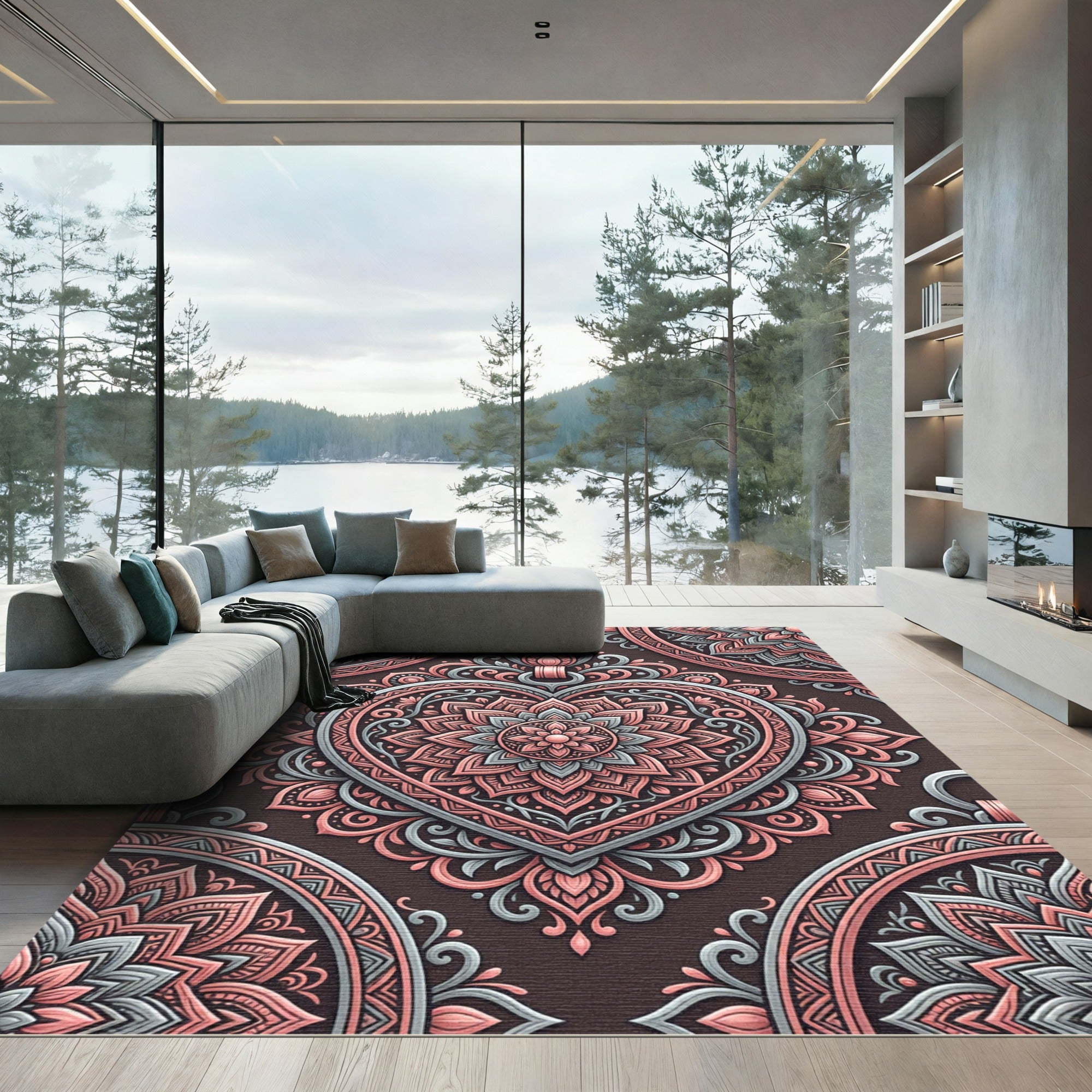 Floral Heart Medallion Blush Gray Rug
