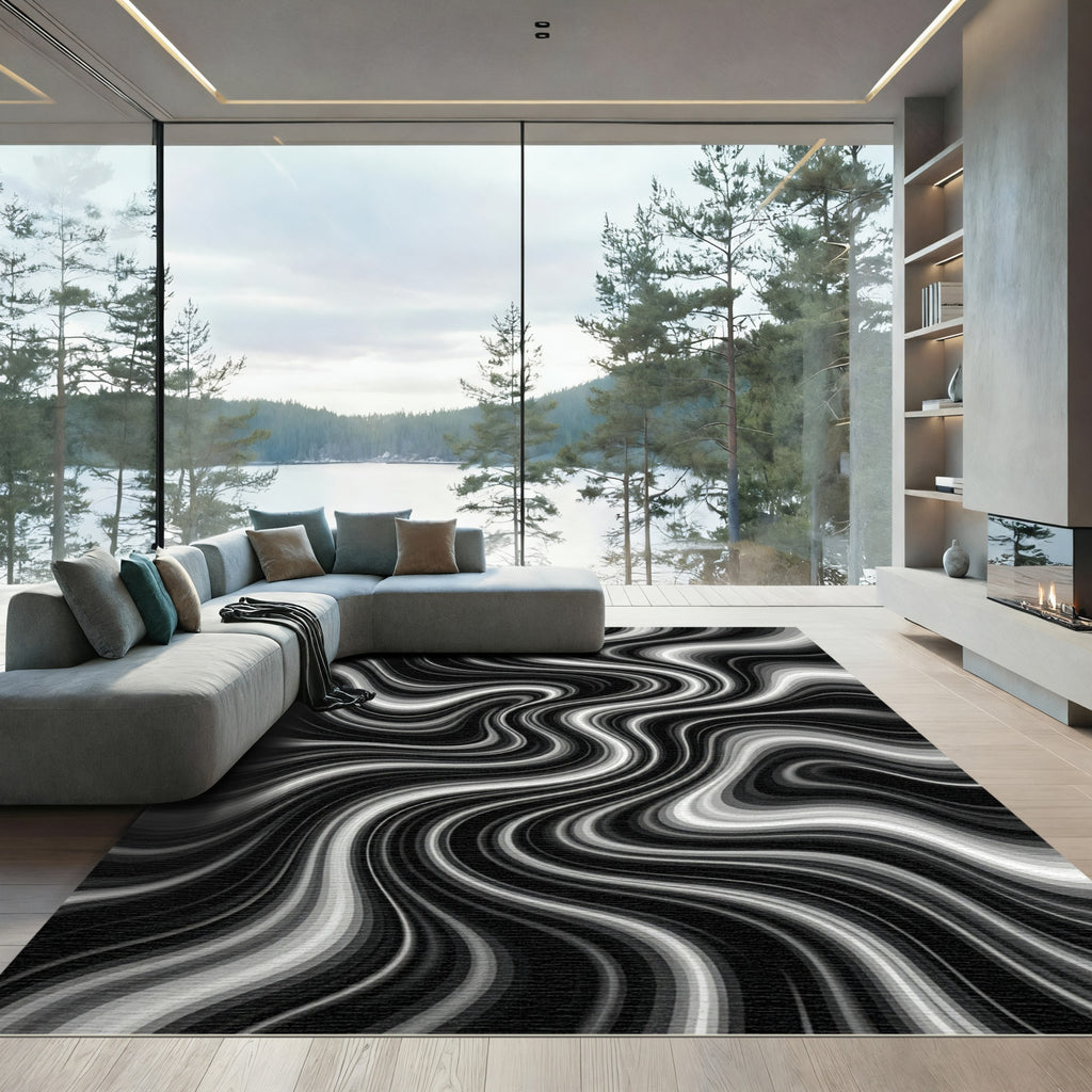 Monochrome Swirl Abstract Waves Rug