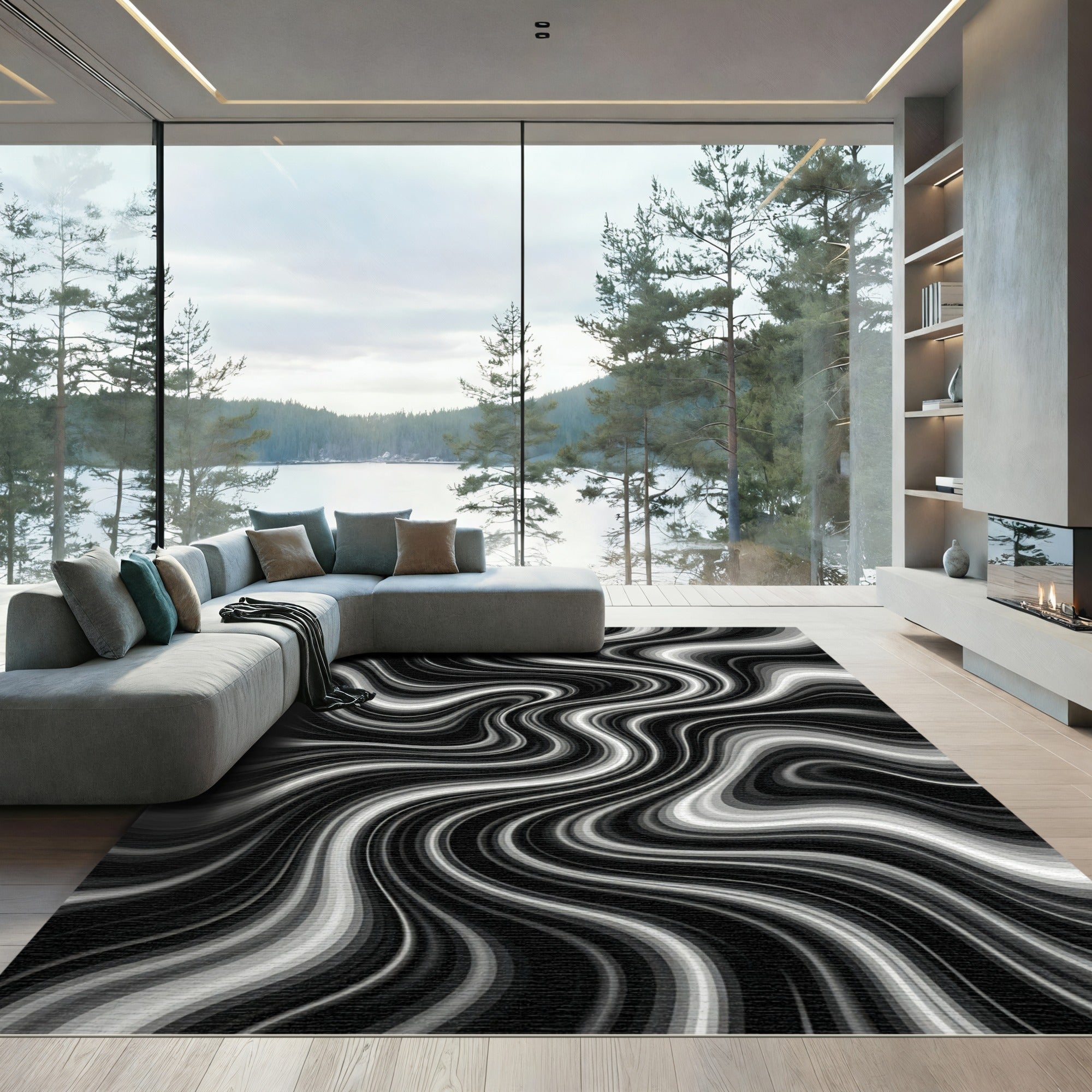 Monochrome Swirl Abstract Waves Rug