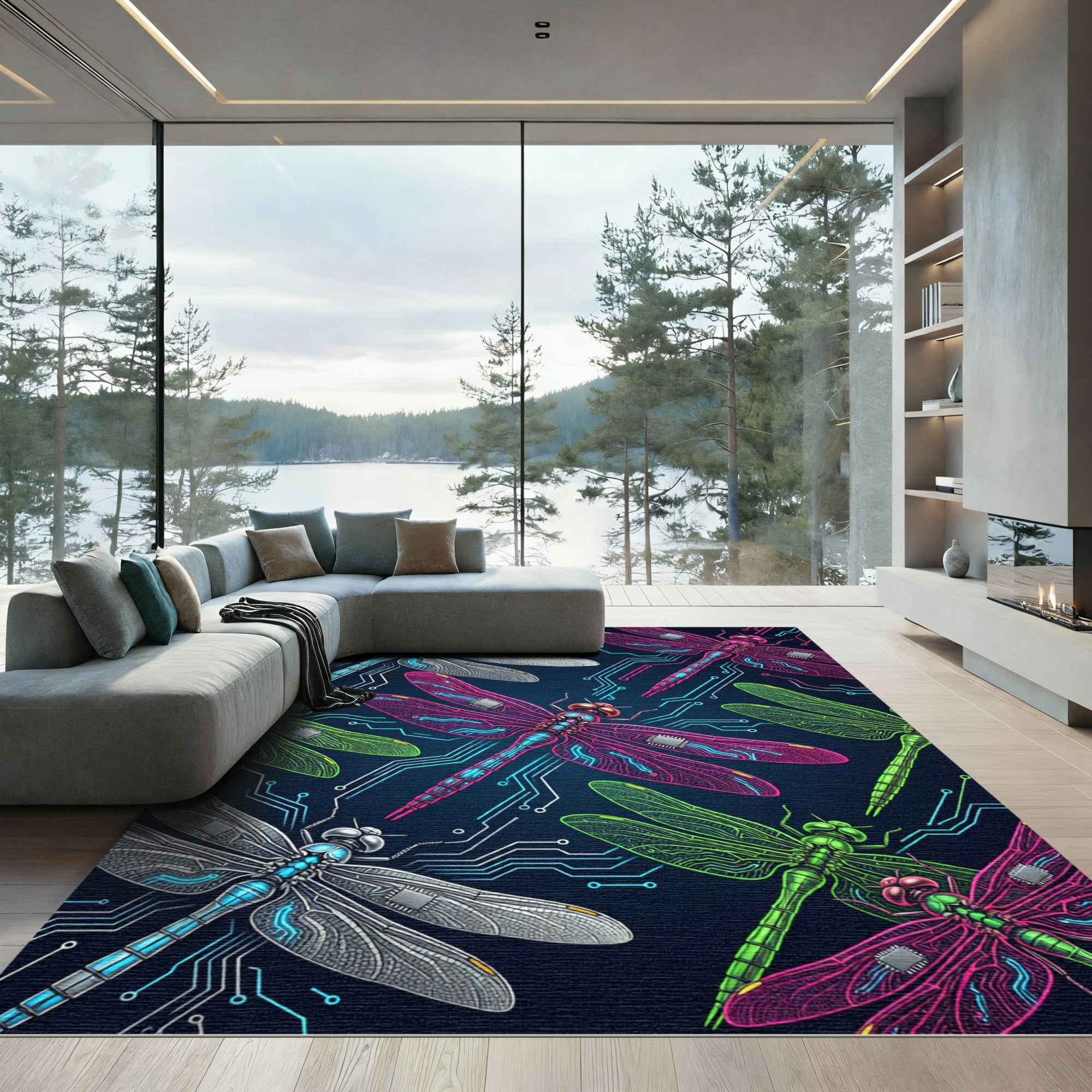 Neon Cybernetic Dragonfly Circuit Art Rug