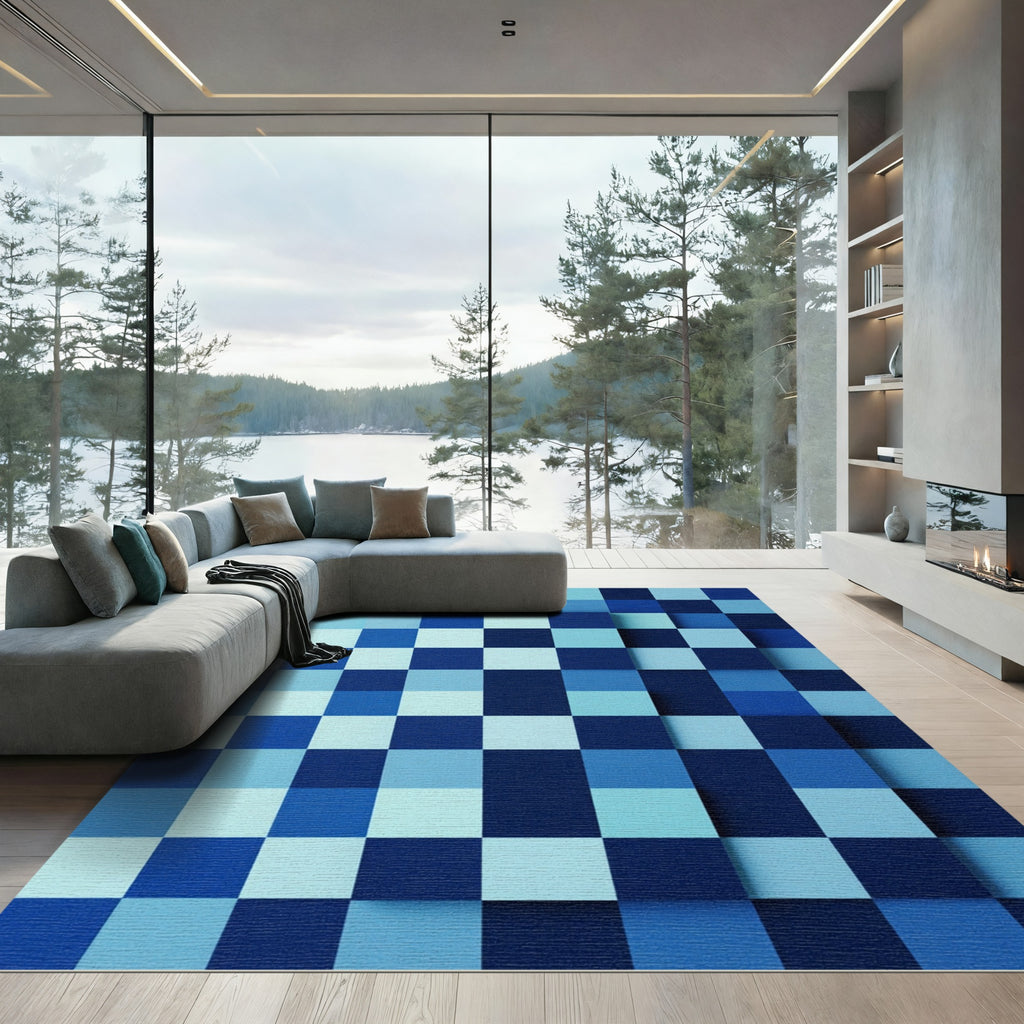 Geometric Blue Tonal Pixel Grid Rug