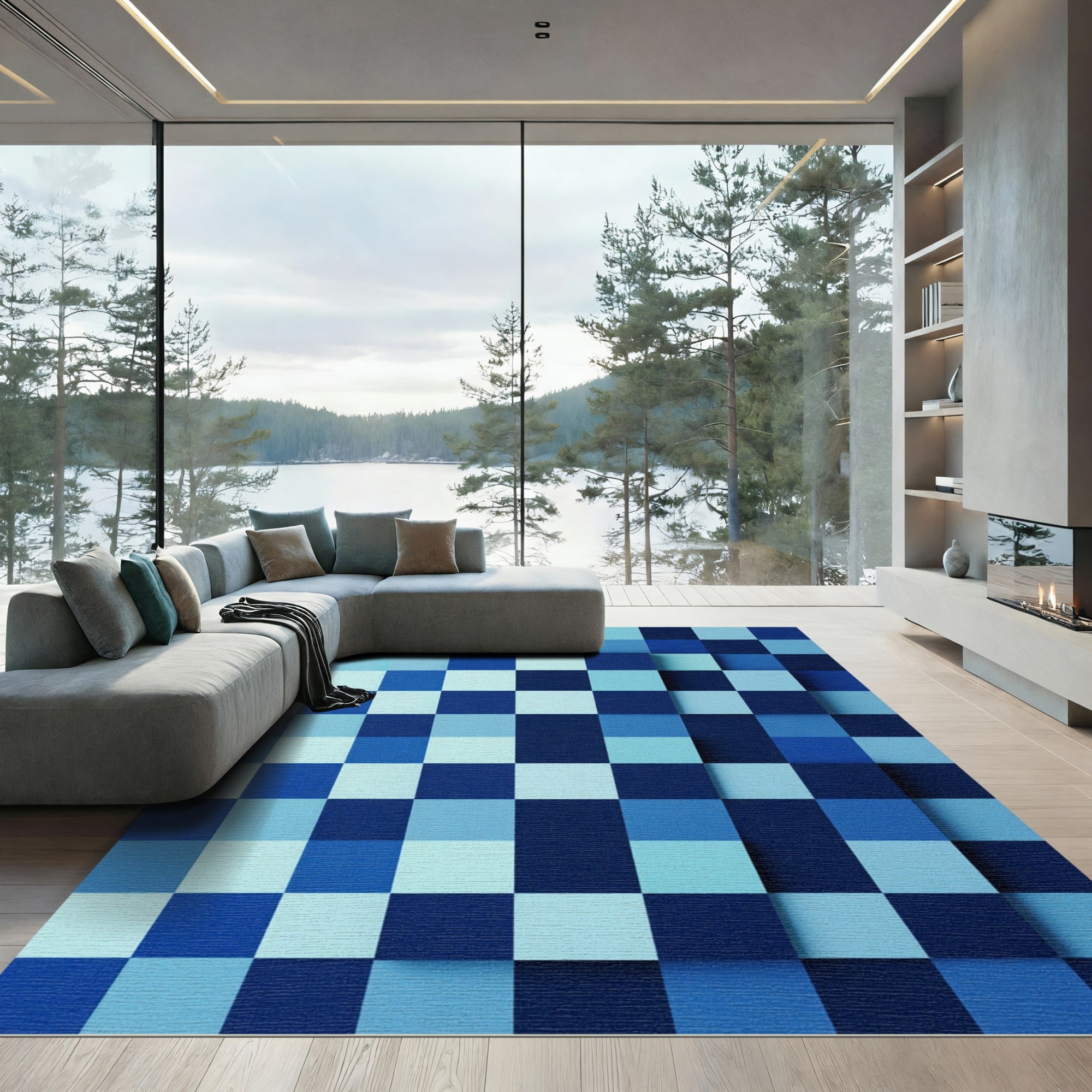 Geometric Blue Tonal Pixel Grid Rug