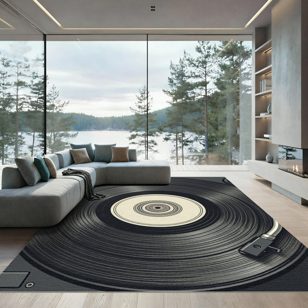 Minimalist Black Vinyl Record Aesthetic Rug