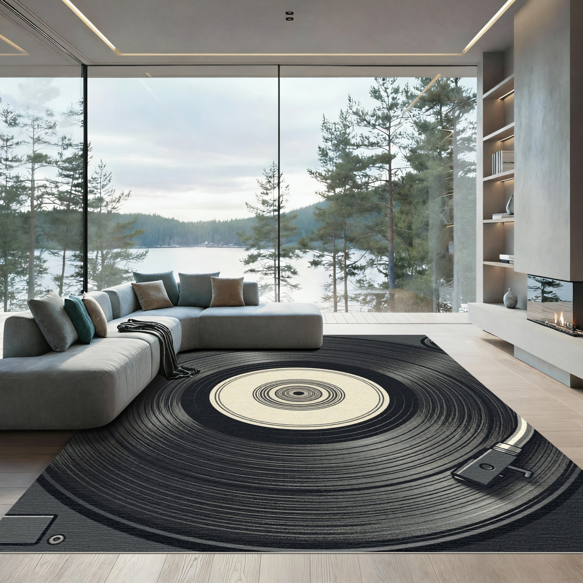 Minimalist Black Vinyl Record Aesthetic Rug