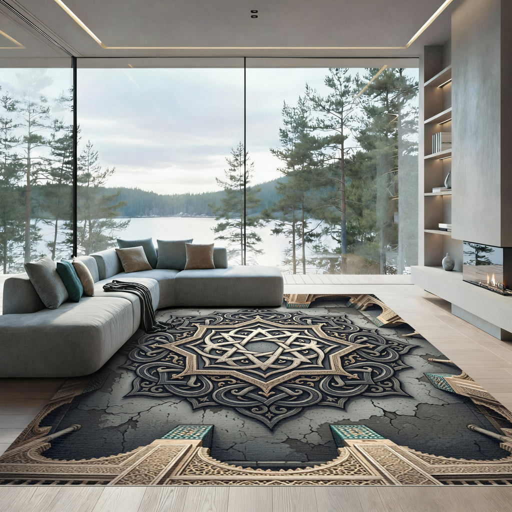 Elegant Gray Stone Interlaced Geometric Star Rug