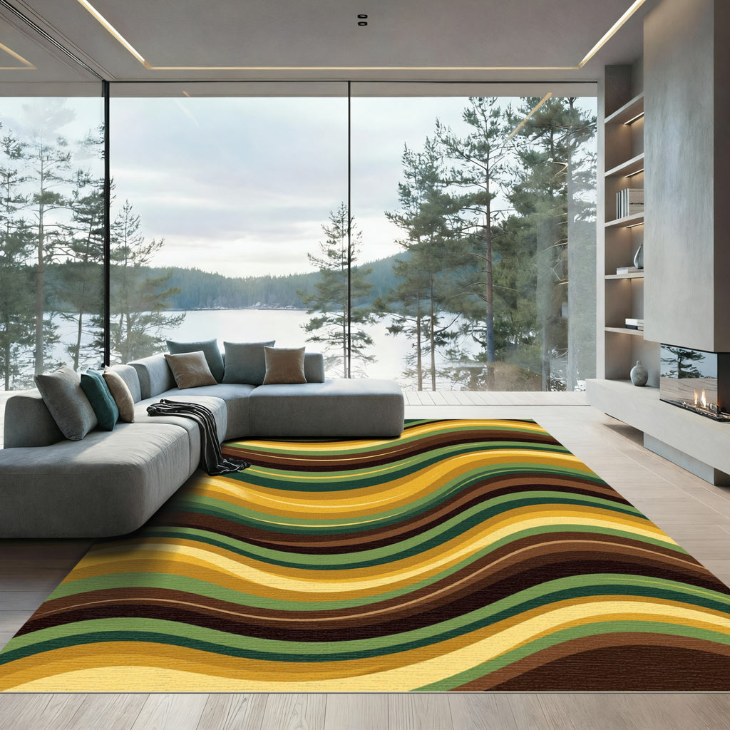 Golden Olive Wavy Linear Abstract Area Rug