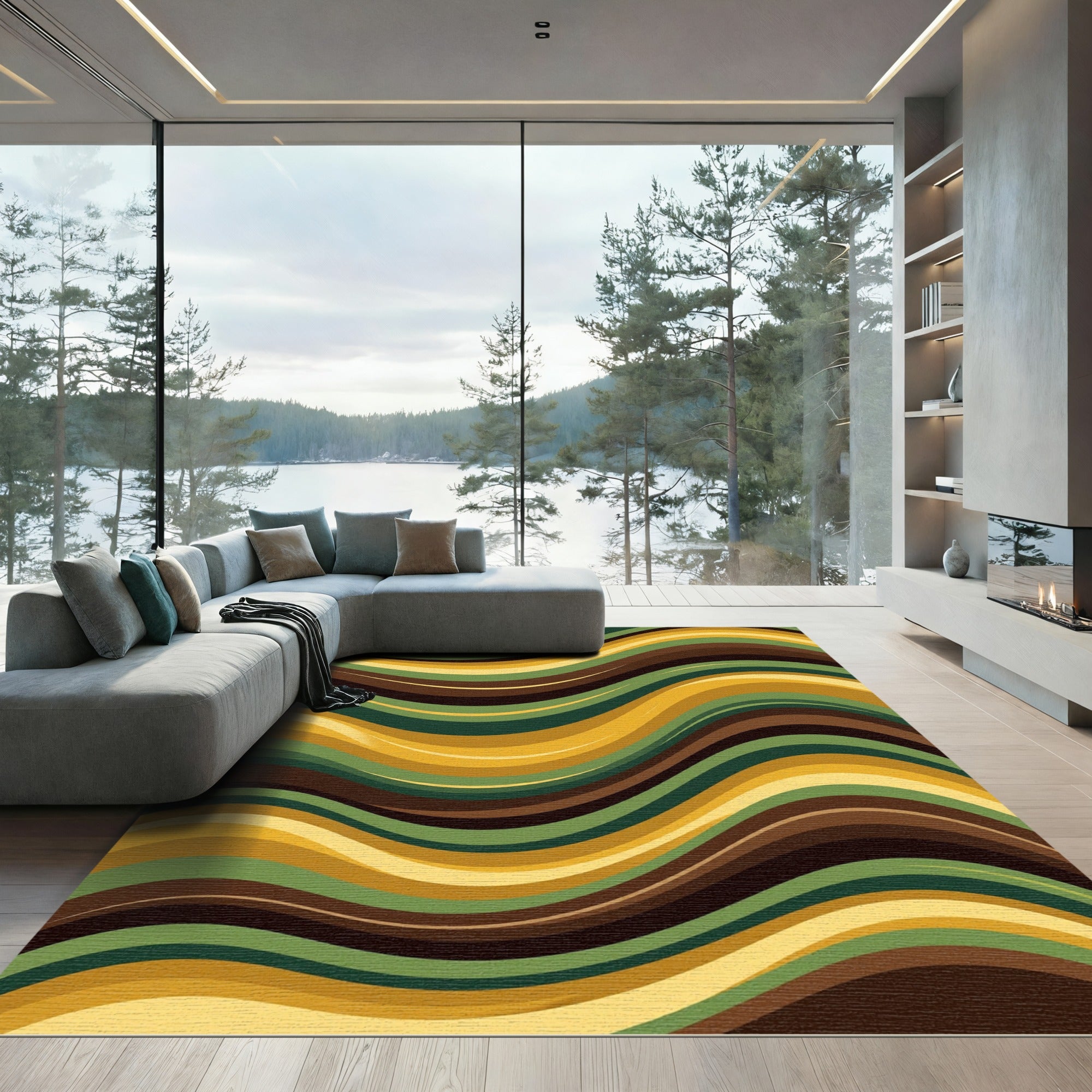 Golden Olive Wavy Linear Abstract Area Rug