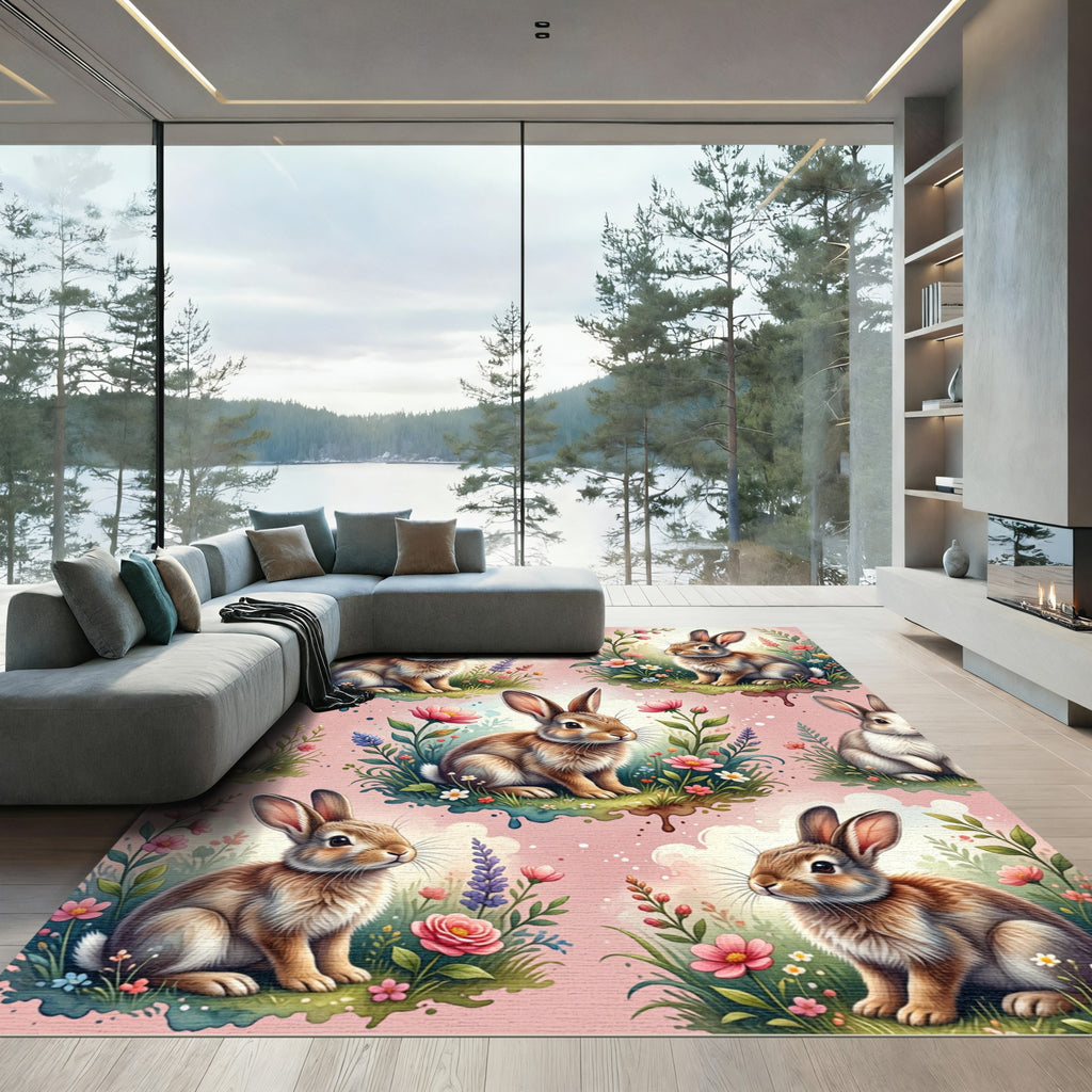 Whimsical Watercolor Bunny Floral Meadow Rug