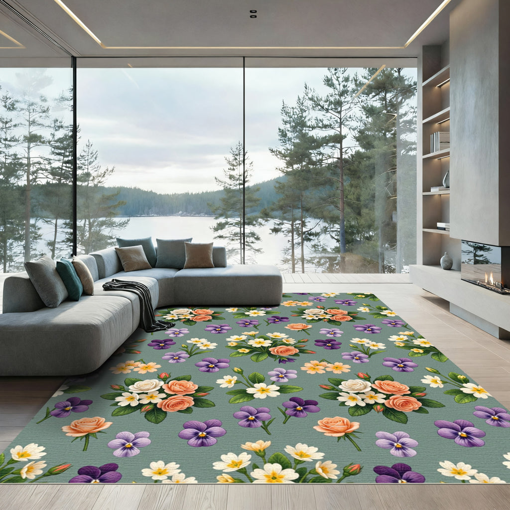 Whimsical Peach Rose Violet Garden Rug