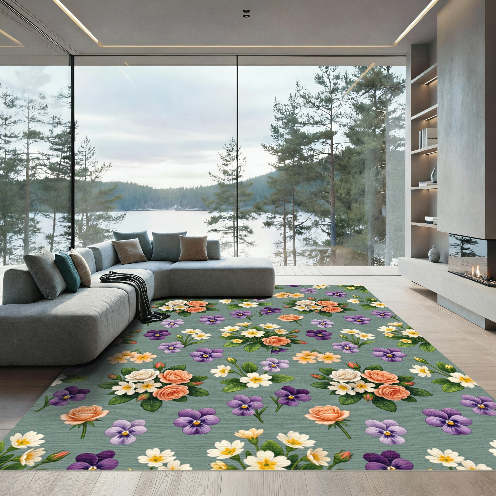 Whimsical Peach Rose Violet Garden Rug