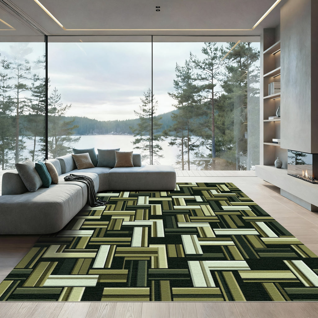 Earthy Olive Layered Geometric Block Rug