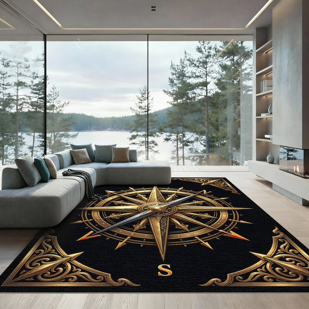 Ornate Golden Compass Rose Black Rug