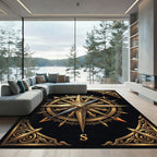 Ornate Golden Compass Rose Black Rug