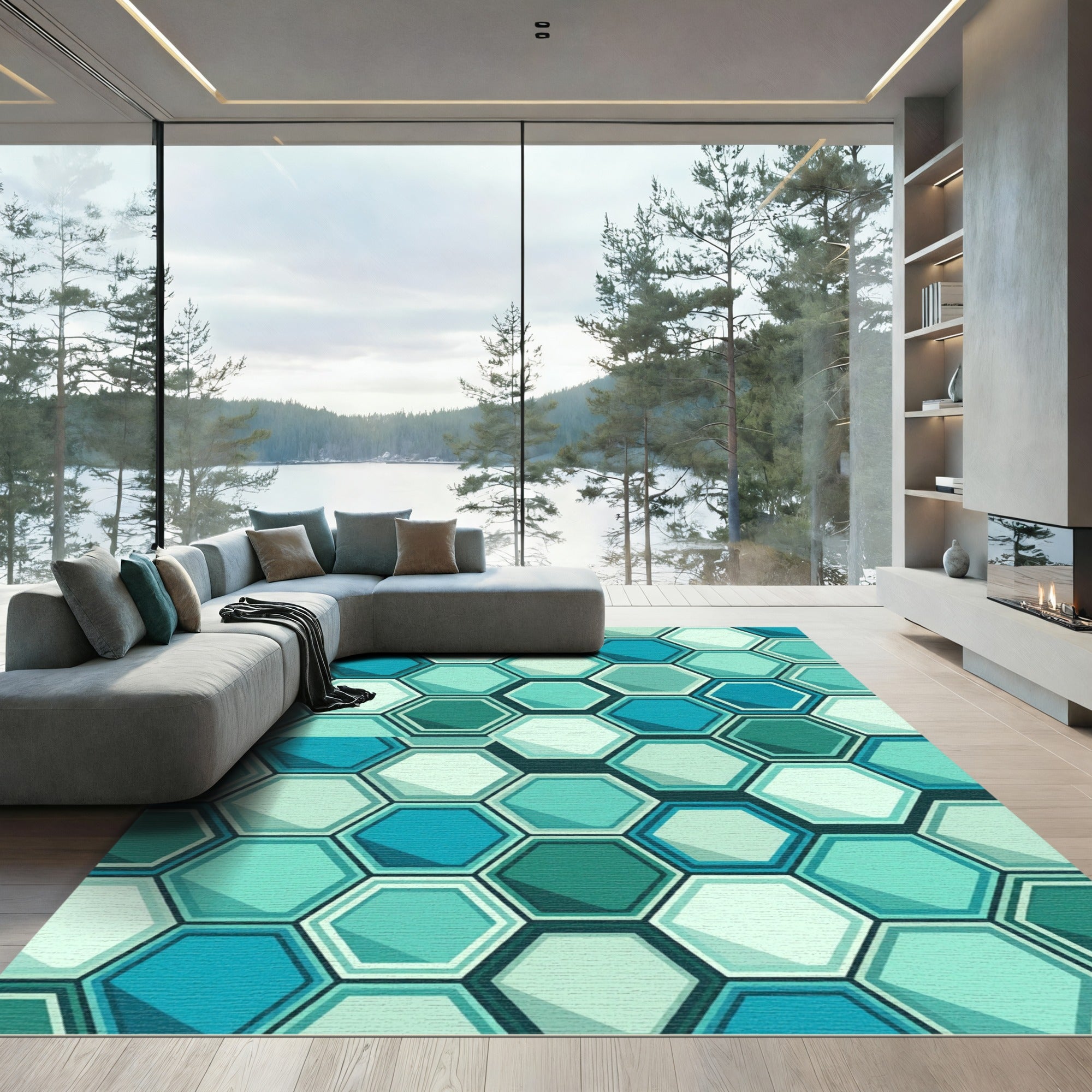 Sophisticated Teal Geometric Hexagon Rug