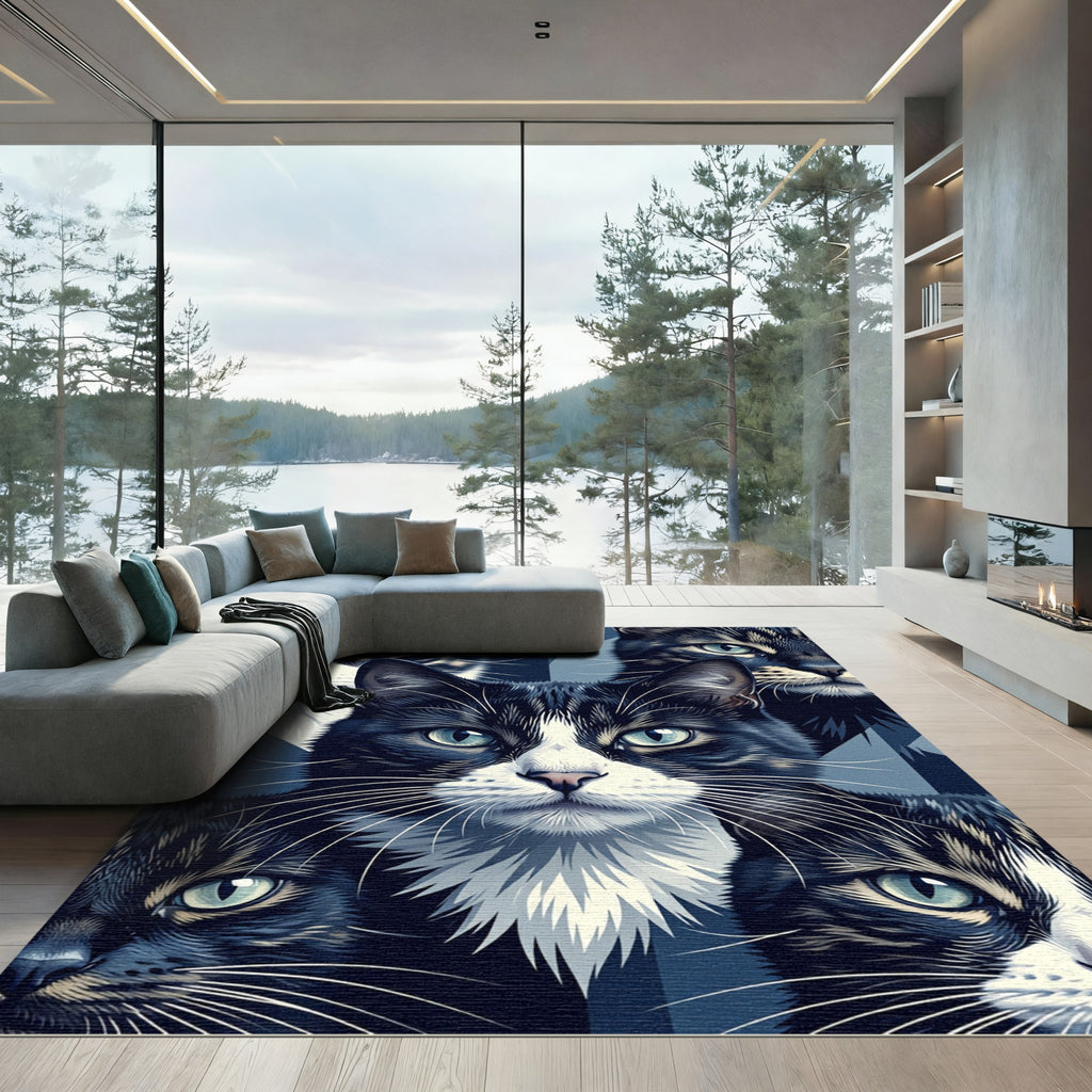 Blue Tonal Feline Portrait Geometric Area Rug