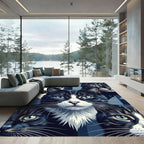 Blue Tonal Feline Portrait Geometric Area Rug