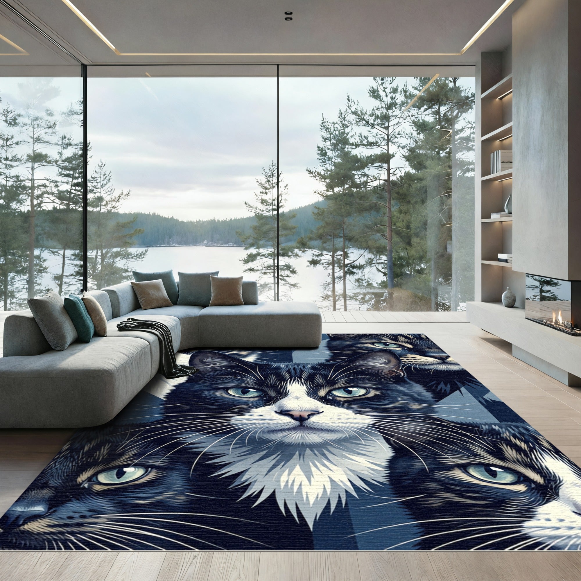 Blue Tonal Feline Portrait Geometric Area Rug